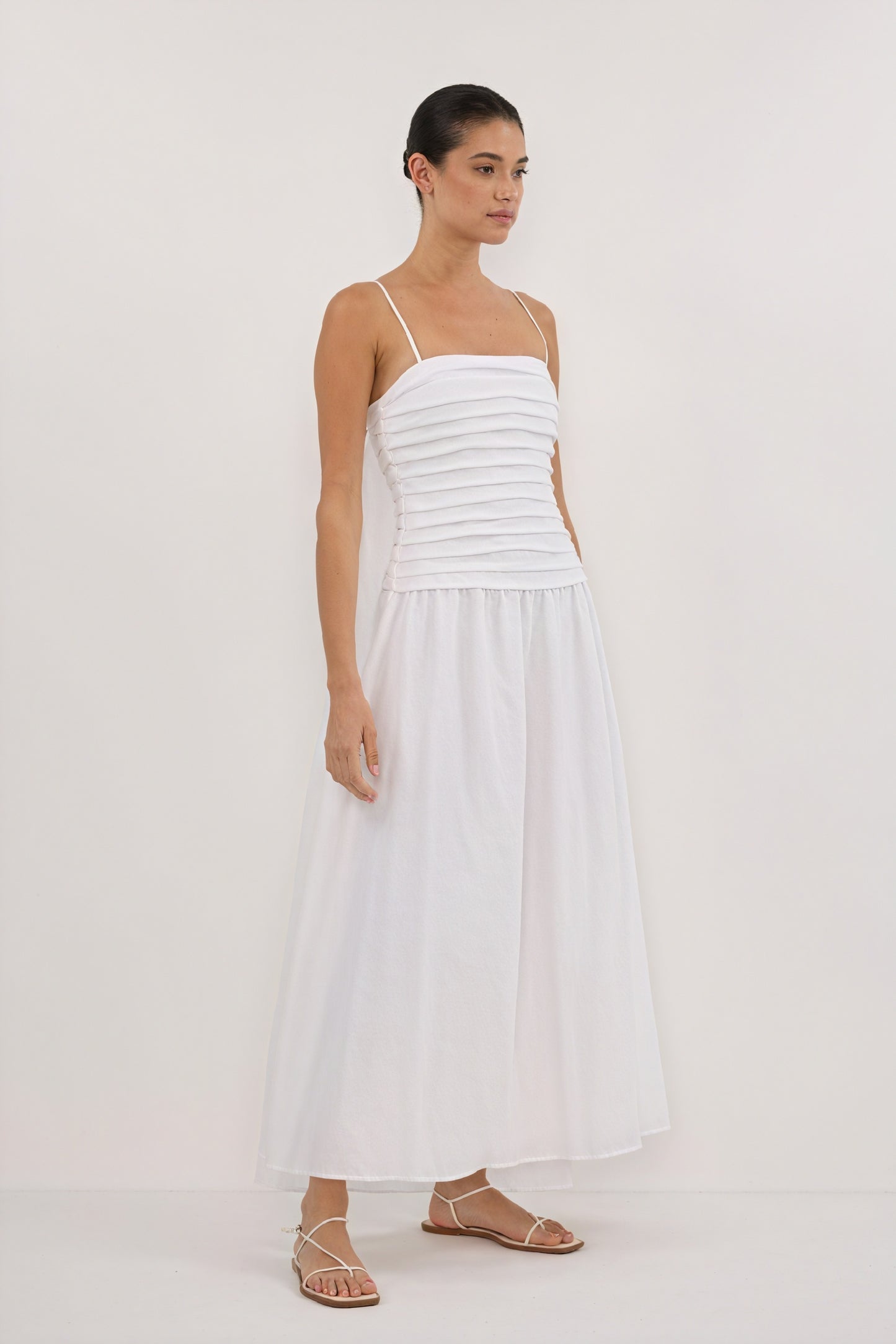 A-Line Midi Dress - Pleated Bodice, White