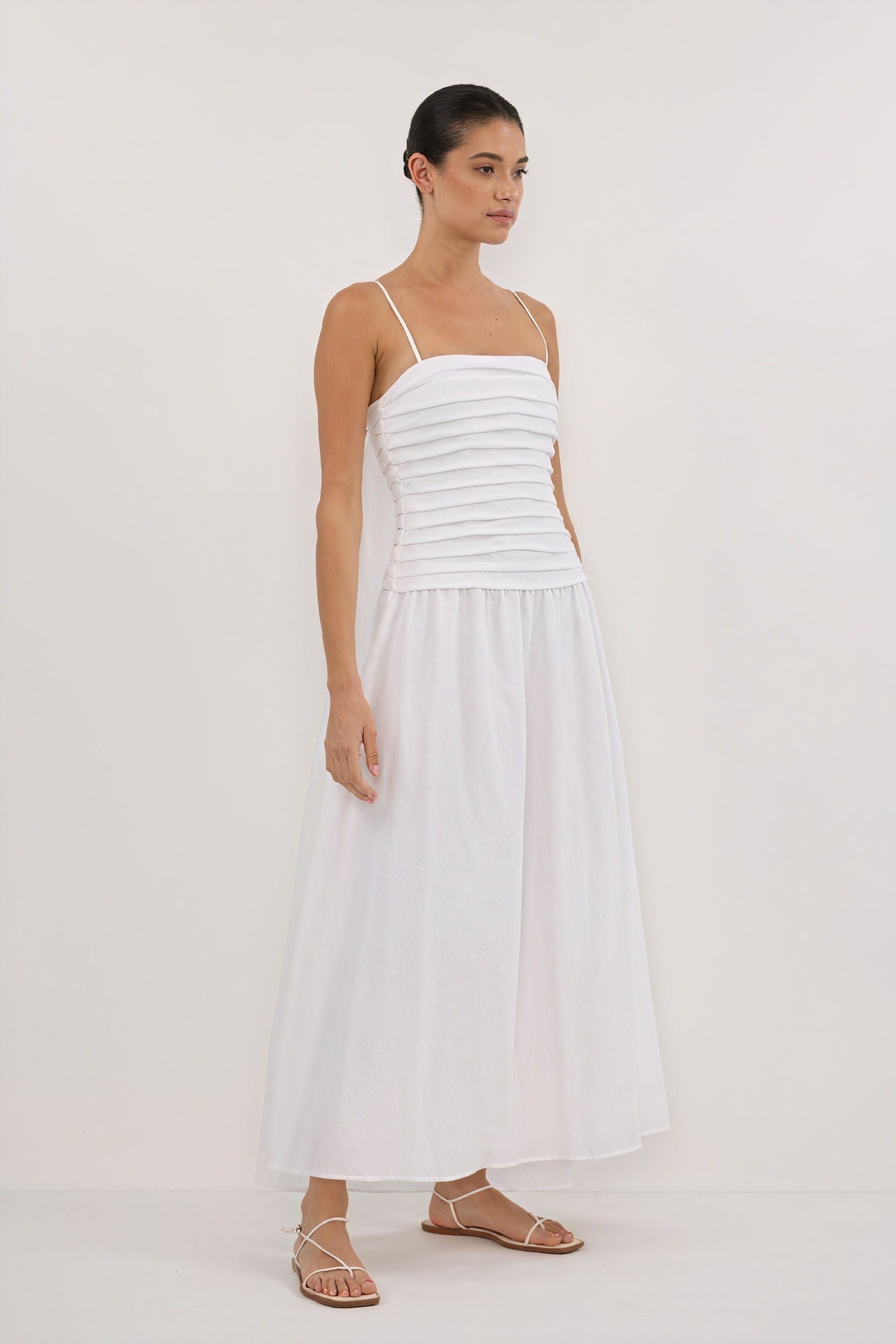 A-Line Midi Dress - Pleated Bodice, White
