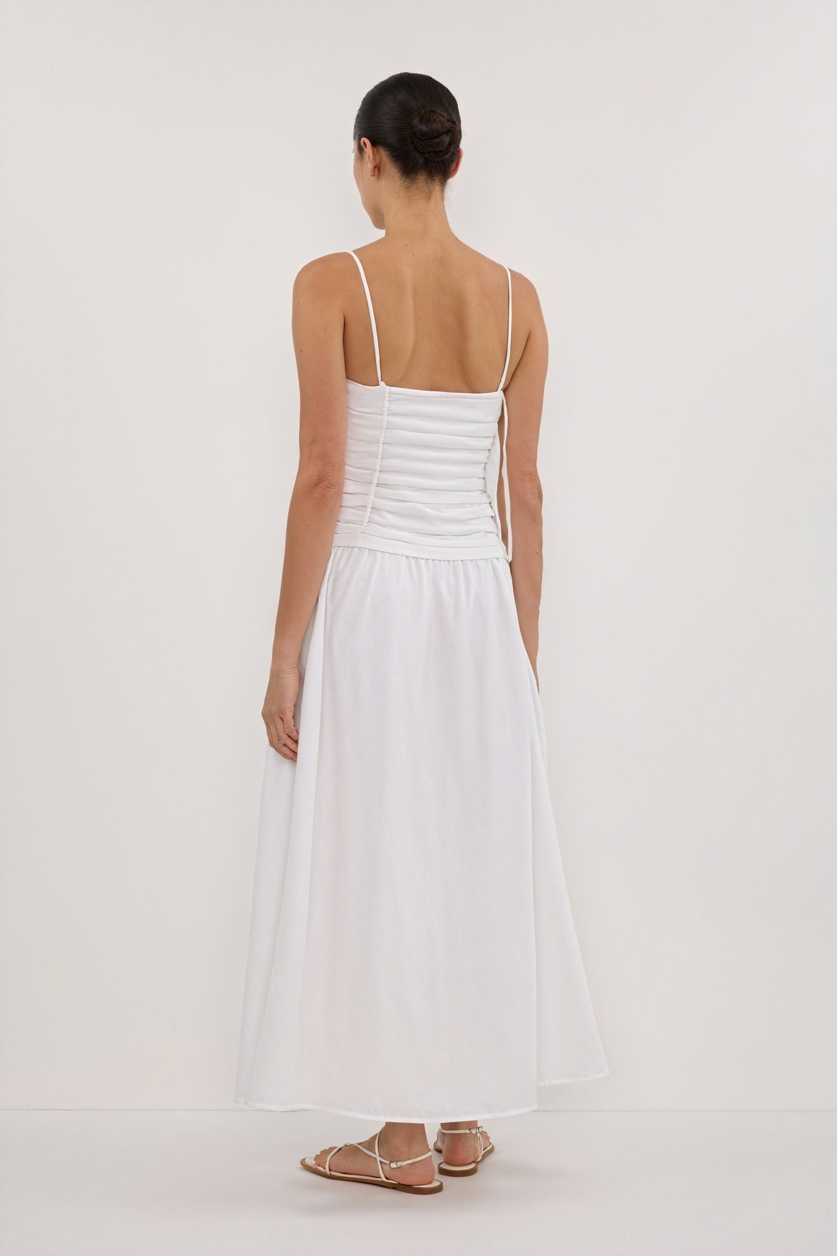 A-Line Midi Dress - Pleated Bodice, White