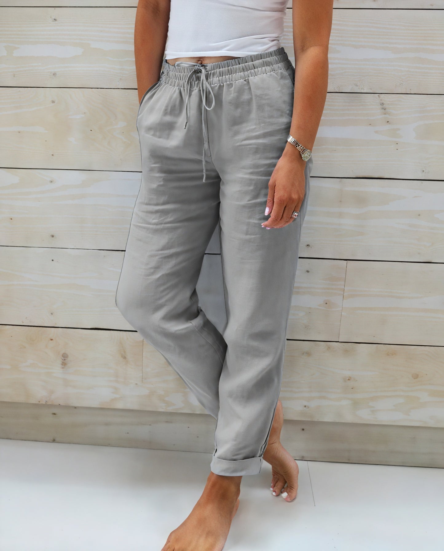 Relaxed Fit Pants - Drawstring Waist, Cuffed Ankle
