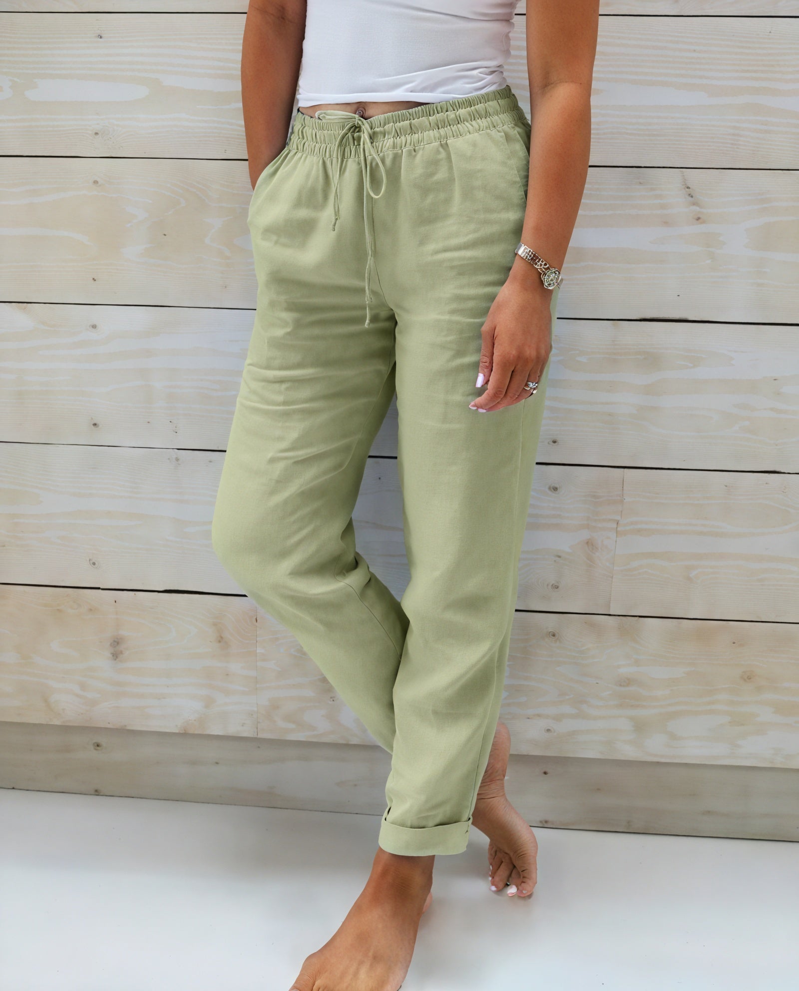 Relaxed Fit Pants - Drawstring Waist, Cuffed Ankle
