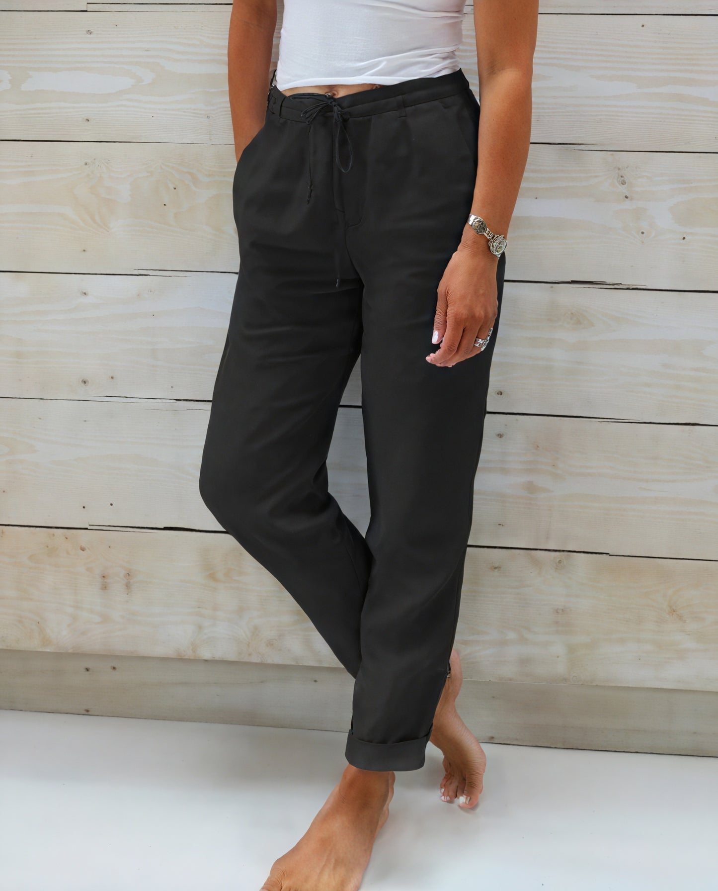 Relaxed Fit Pants - Drawstring Waist, Cuffed Ankle