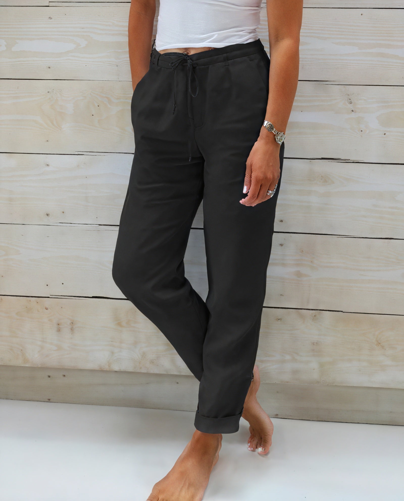 Relaxed Fit Pants - Drawstring Waist, Cuffed Ankle