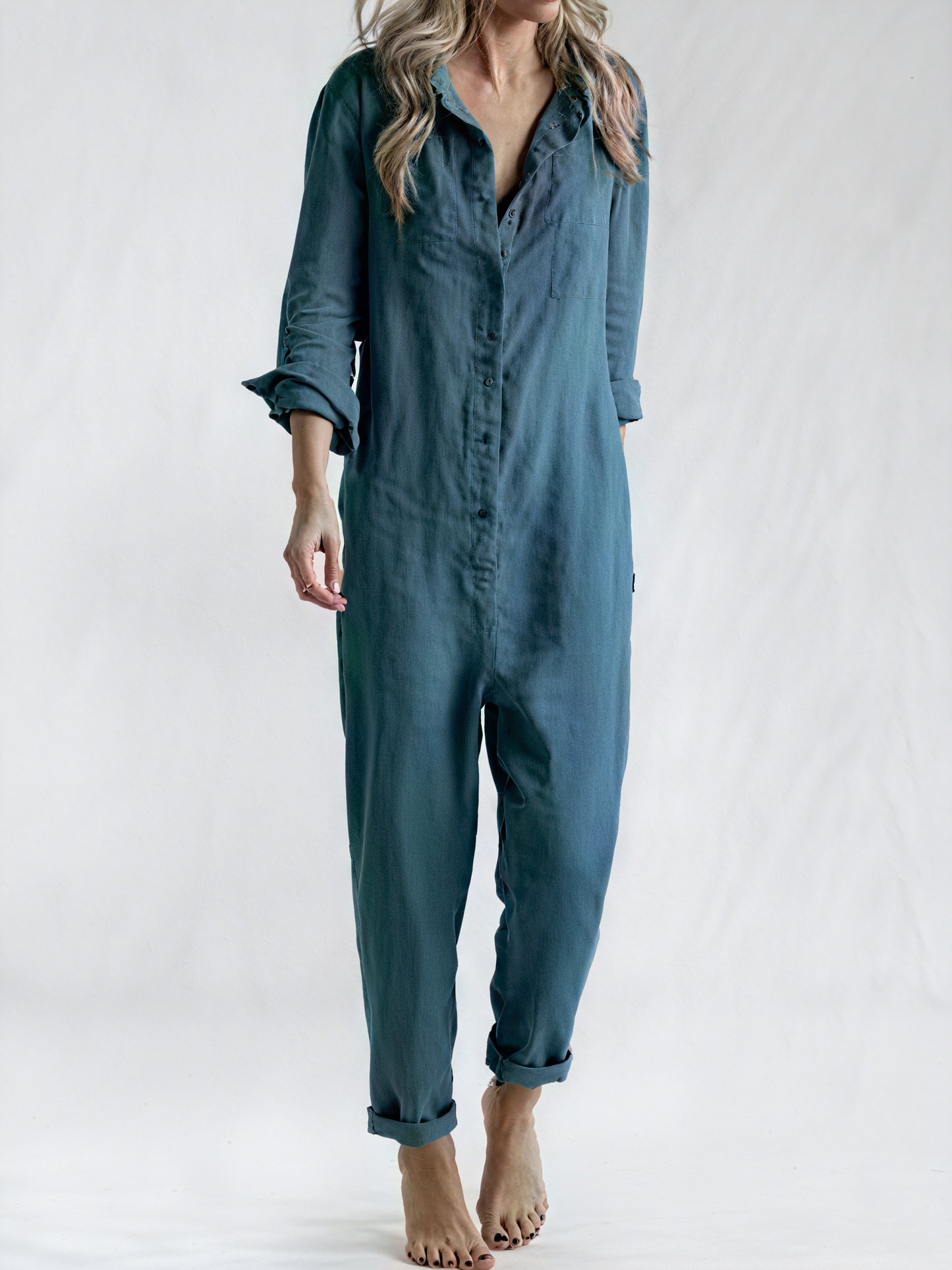 Relaxed Collared One-Piece with Button Detail