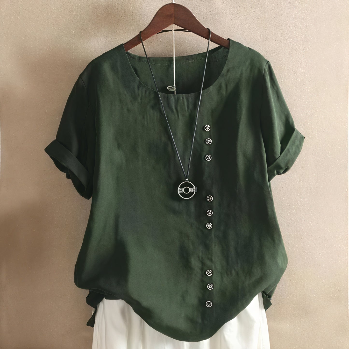 Basicfold Women's Short-Sleeve Dress with Asymmetrical Button Design, Round Neckline-81165-4e696064-bc1c-4c30-b730-72479834bd14