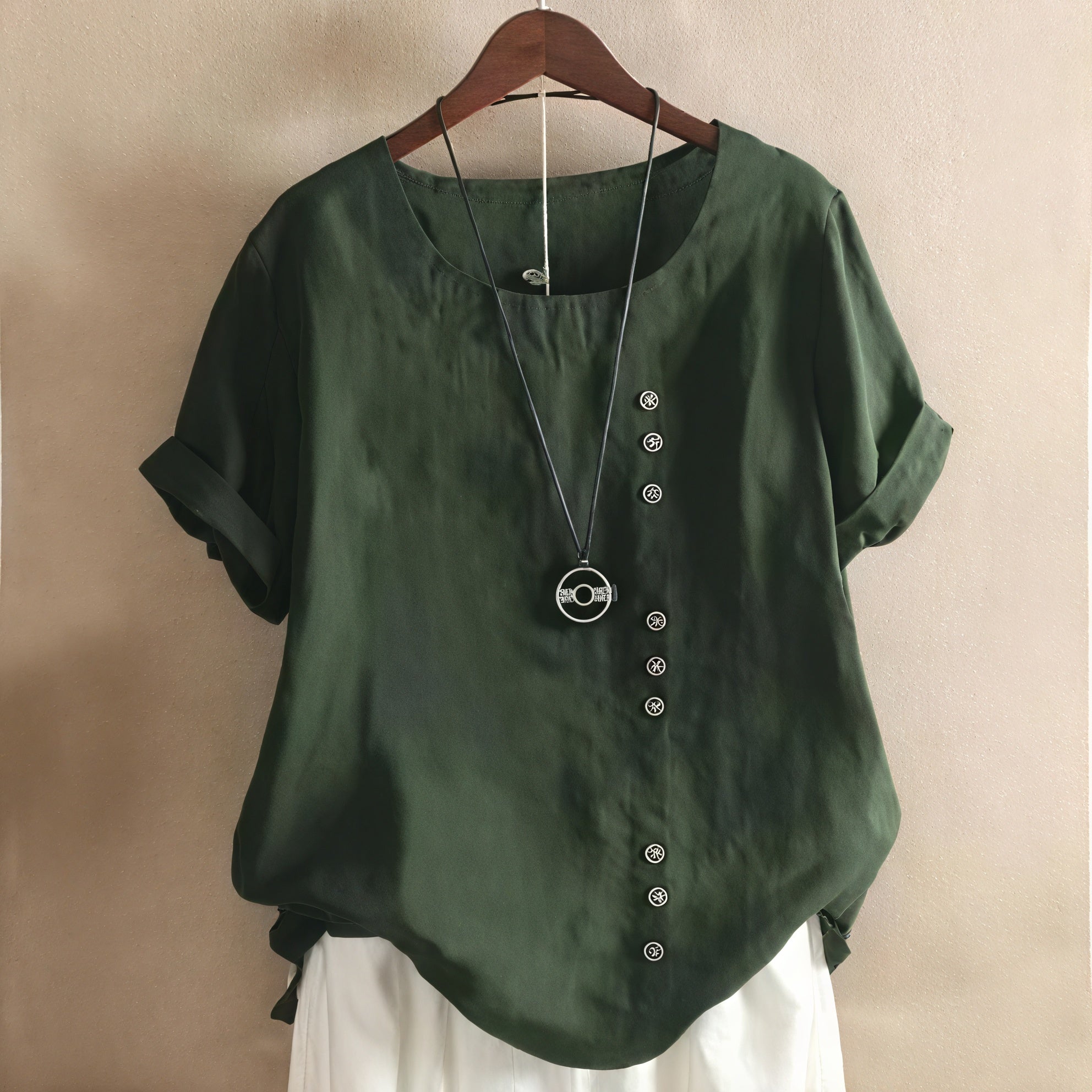 Basicfold Women's Short-Sleeve Dress with Asymmetrical Button Design, Round Neckline-81165-4e696064-bc1c-4c30-b730-72479834bd14