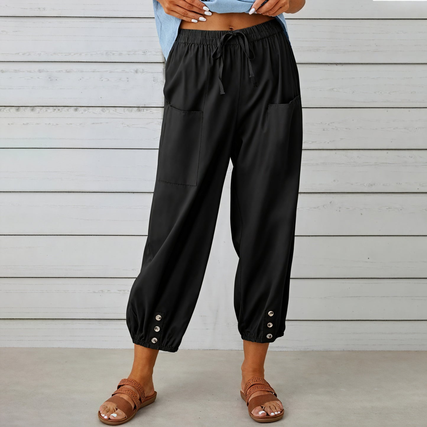 Relaxed Cropped Pants - Drawstring & Button Detail