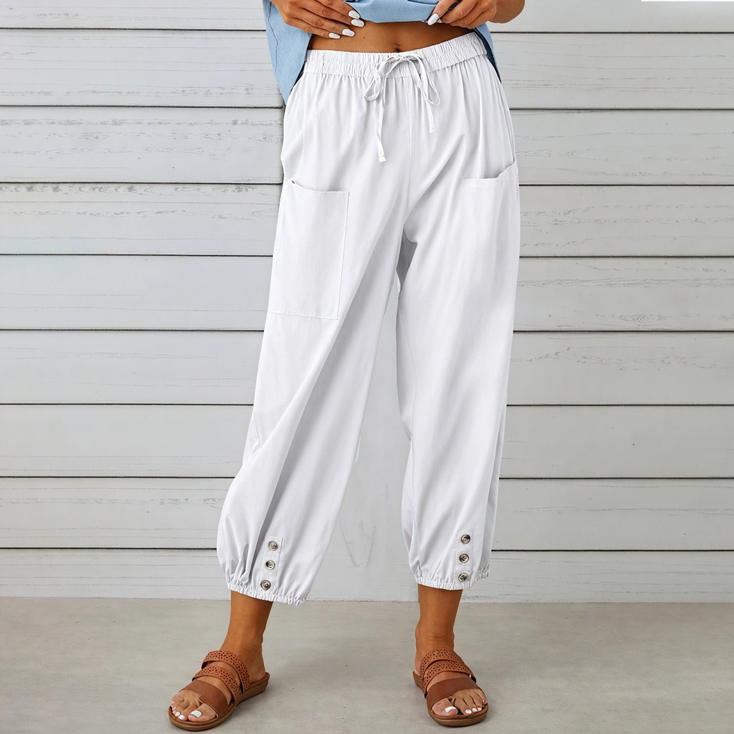 Relaxed Cropped Pants - Drawstring & Button Detail