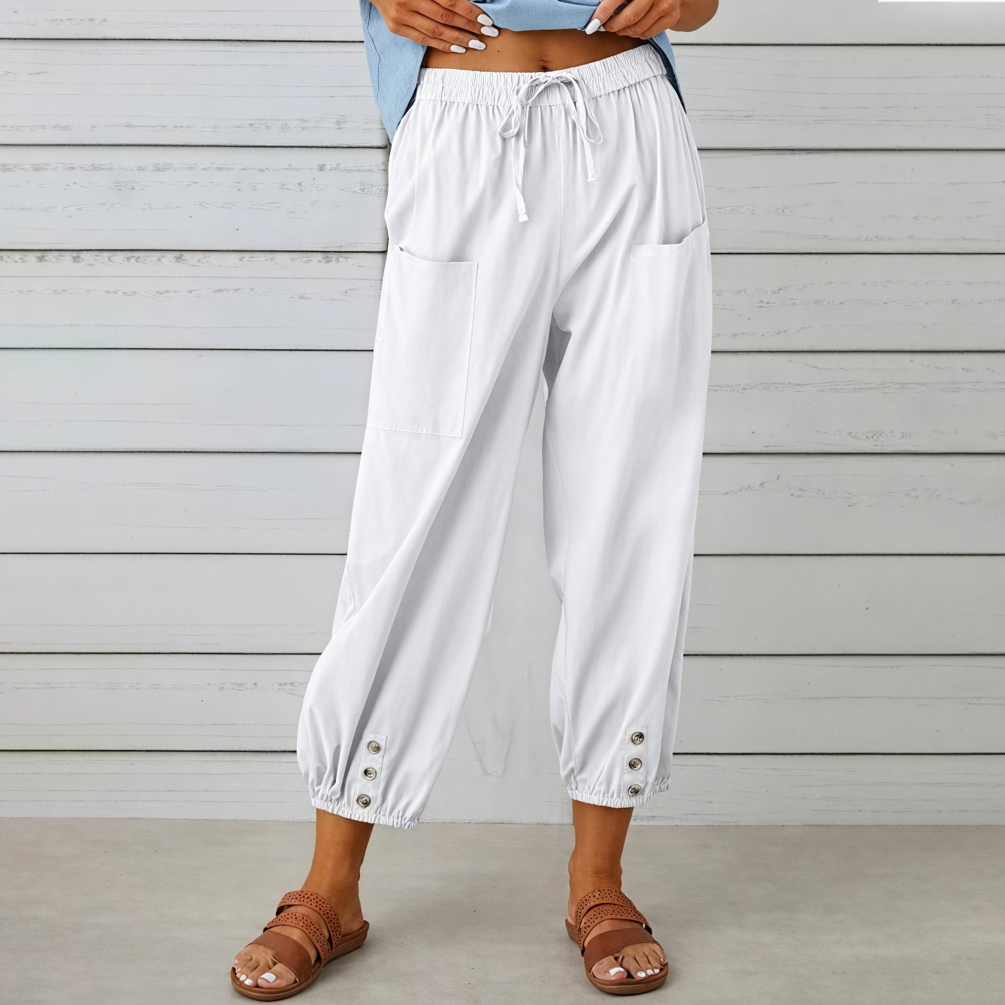 Relaxed Cropped Pants - Drawstring & Button Detail