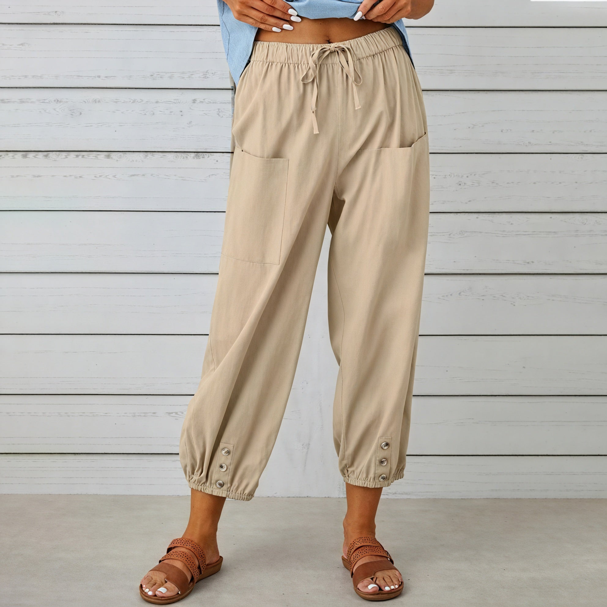 Relaxed Cropped Pants - Drawstring & Button Detail