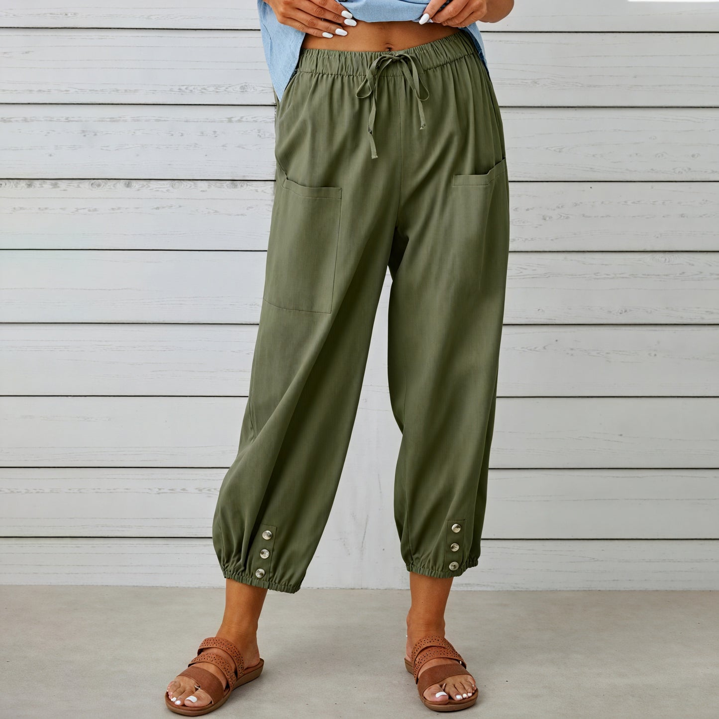 Relaxed Cropped Pants - Drawstring & Button Detail