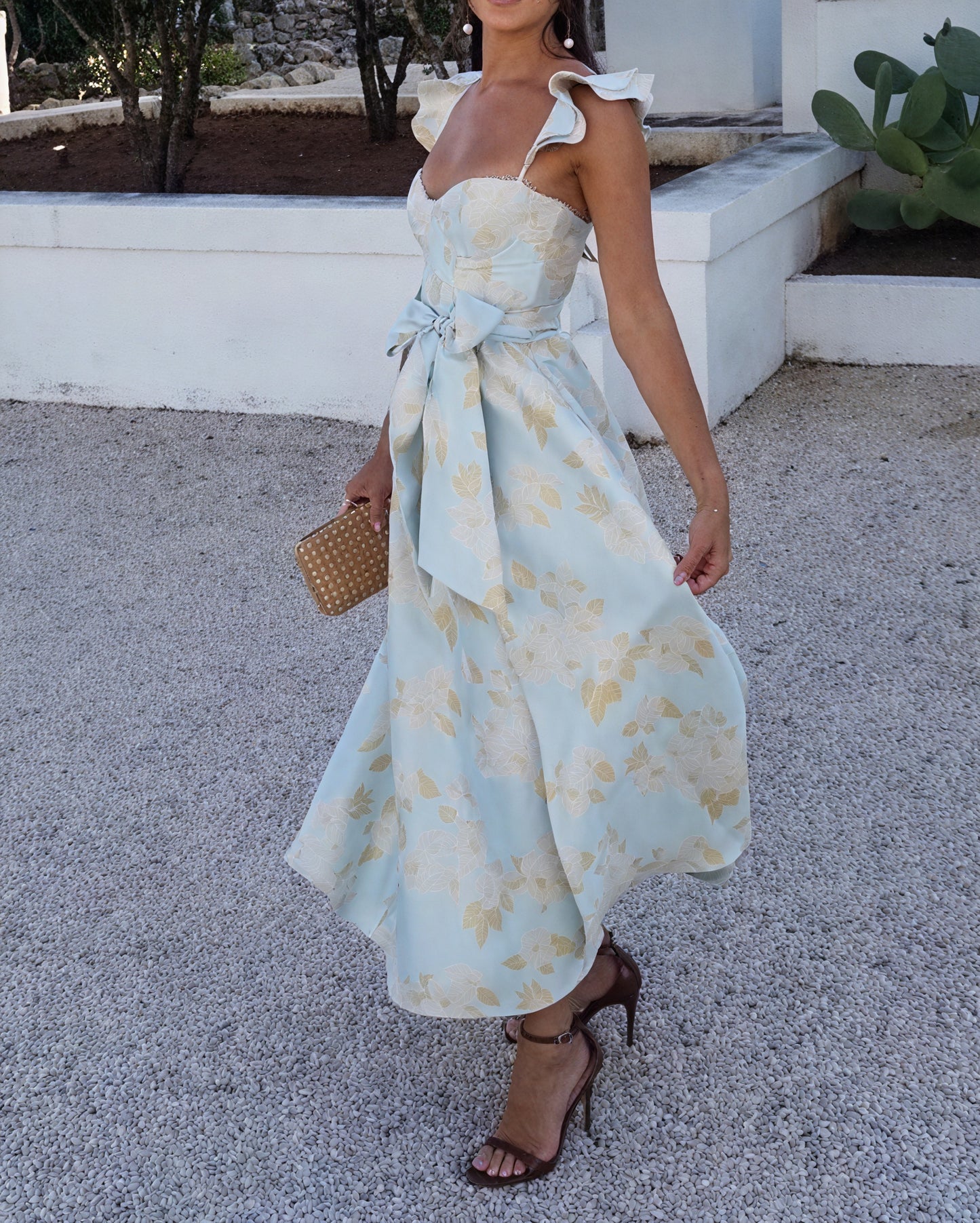 Women's Floral Midi Dress – Sleeveless, Bow Waist, Front Slit, Elegant-81250-00e60505-a83d-4b81-825d-fa03530a32de