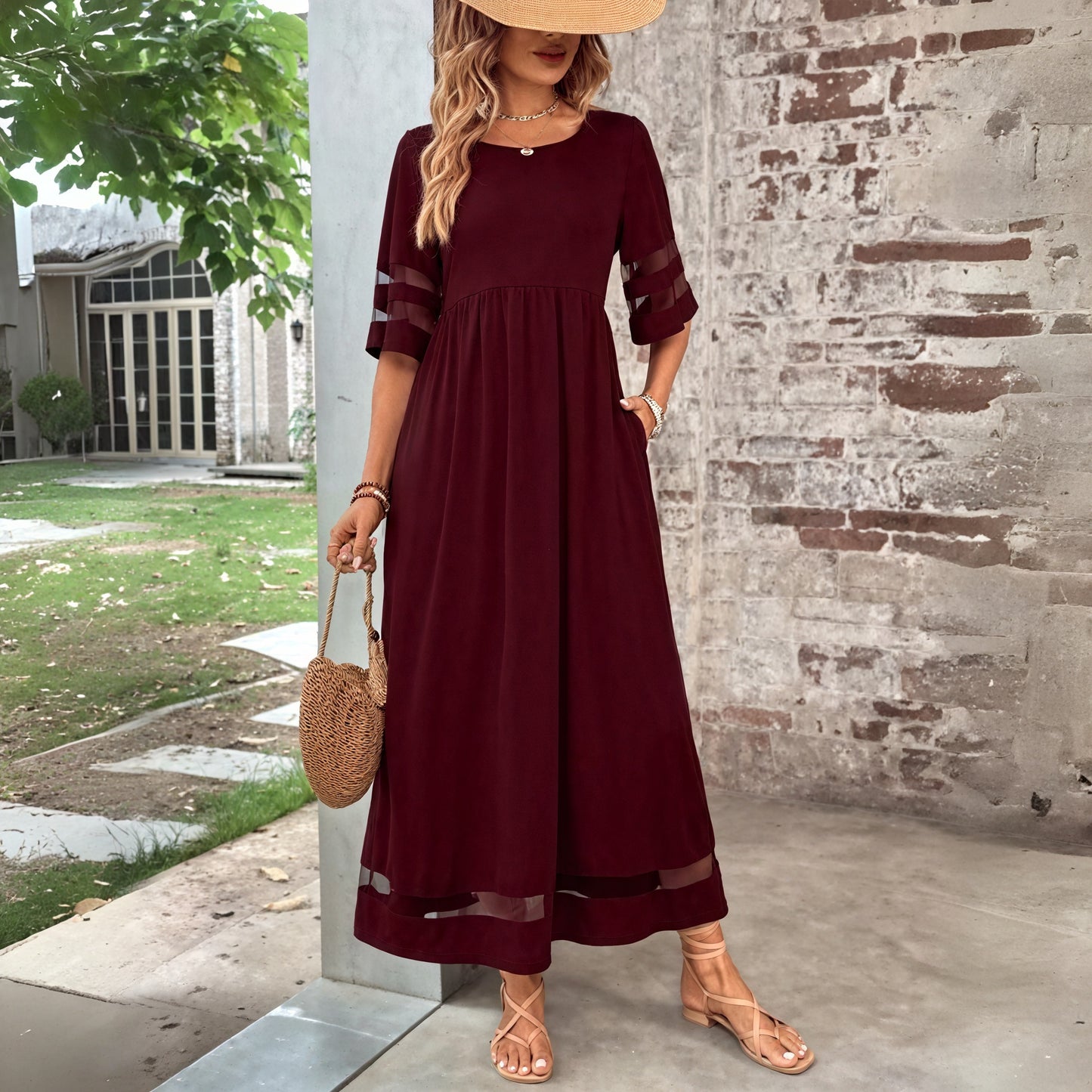Sheer Panel Maxi Dress - Flowing Silhouette