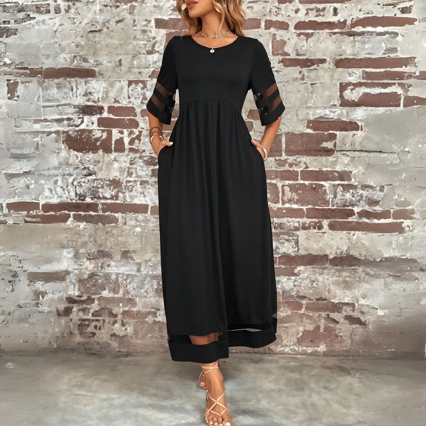 Sheer Panel Maxi Dress - Flowing Silhouette