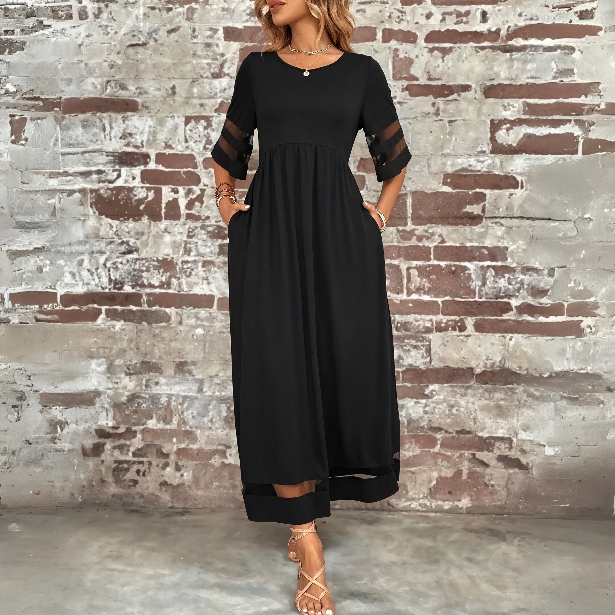 Sheer Panel Maxi Dress - Flowing Silhouette