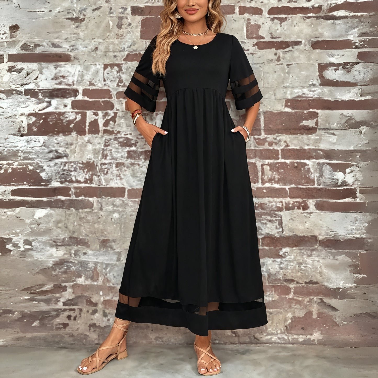 Sheer Panel Maxi Dress - Flowing Silhouette