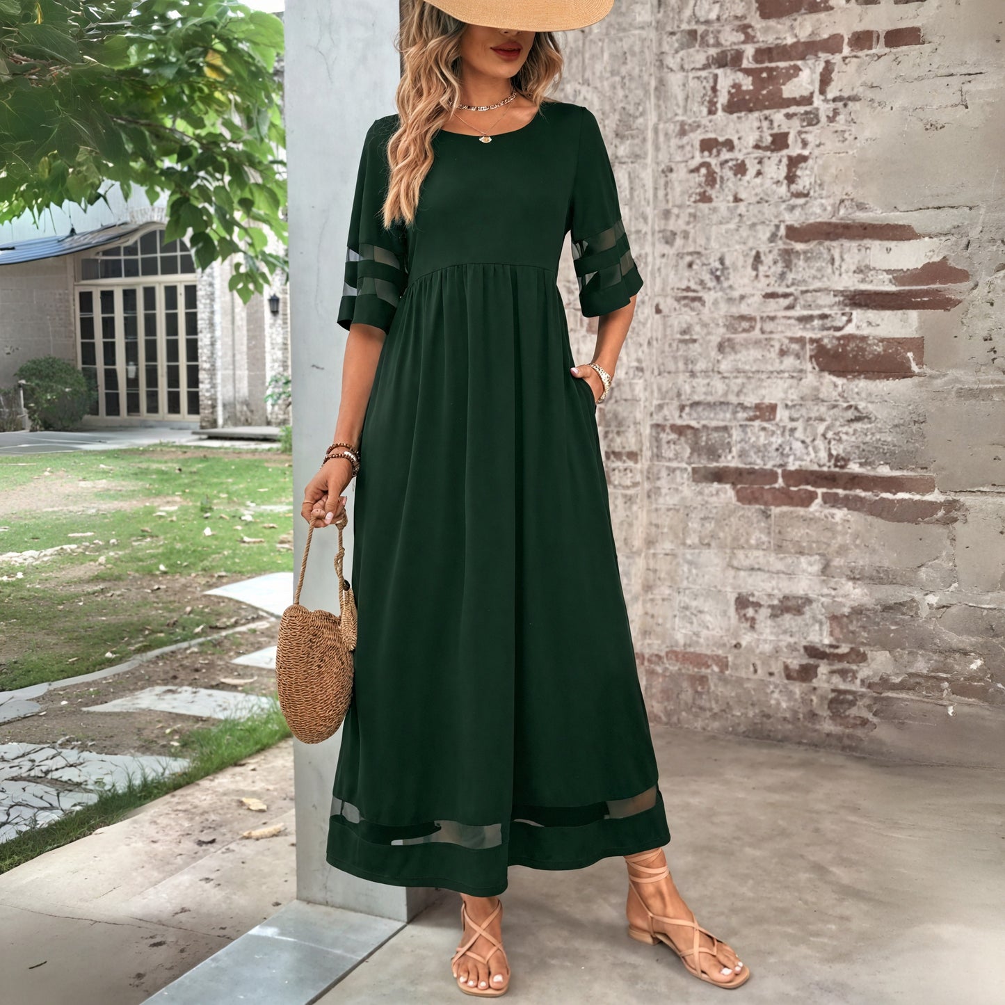 Sheer Panel Maxi Dress - Flowing Silhouette