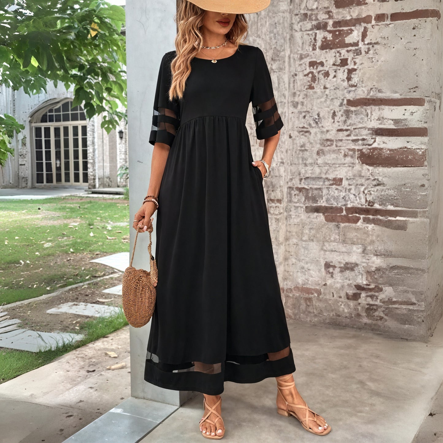 Sheer Panel Maxi Dress - Flowing Silhouette
