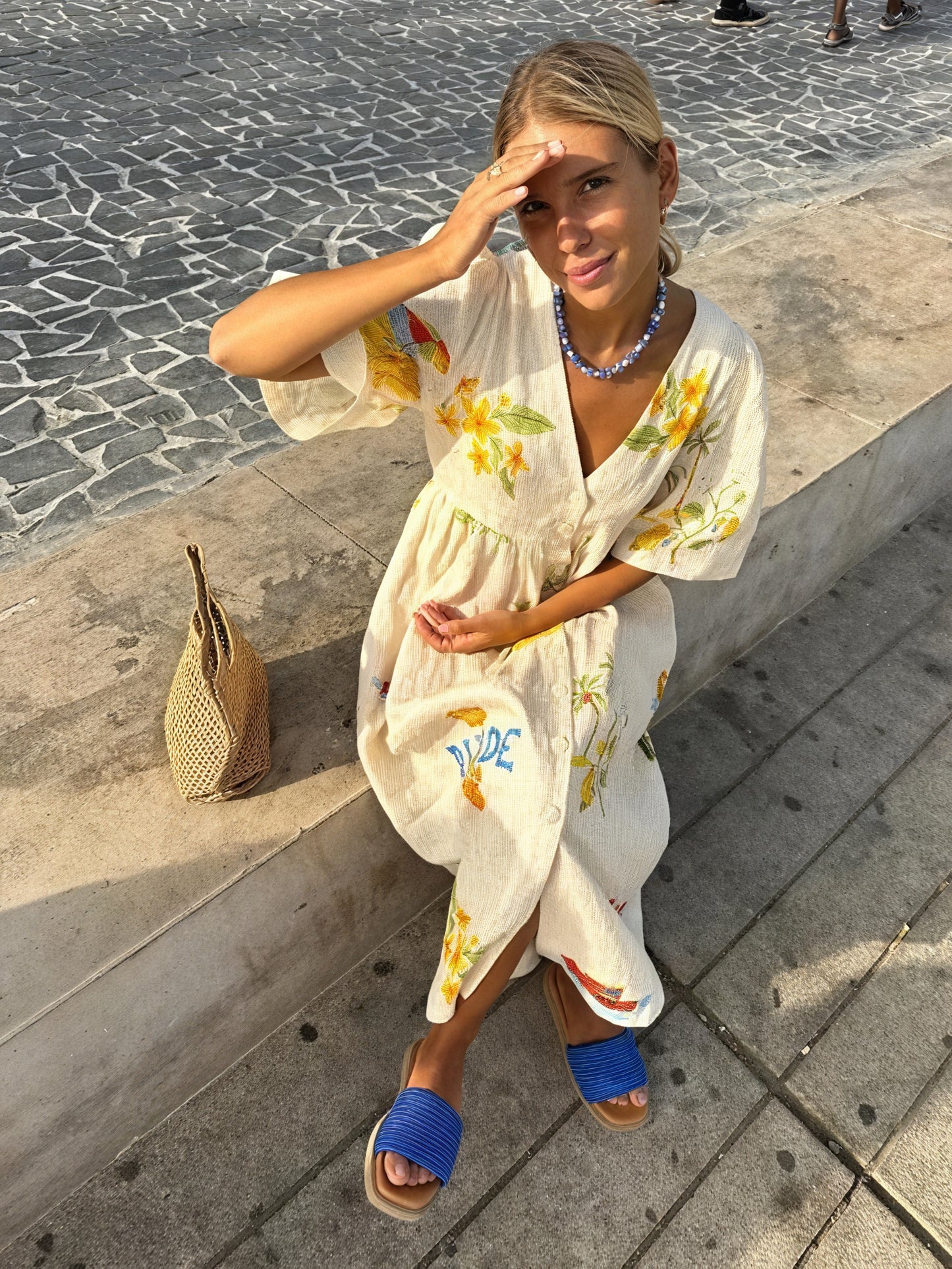 Floral Wrap Midi Dress - Elbow Sleeve, Cream