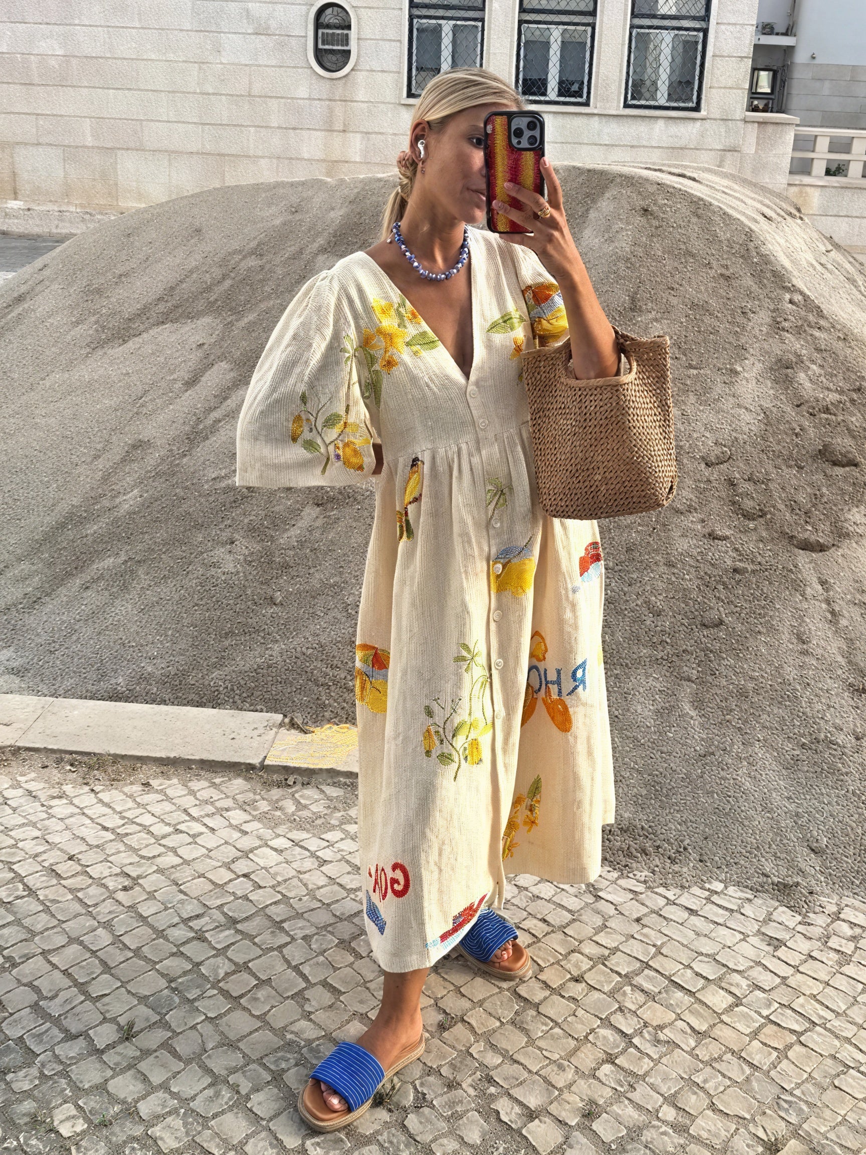 Floral Wrap Midi Dress - Elbow Sleeve, Cream