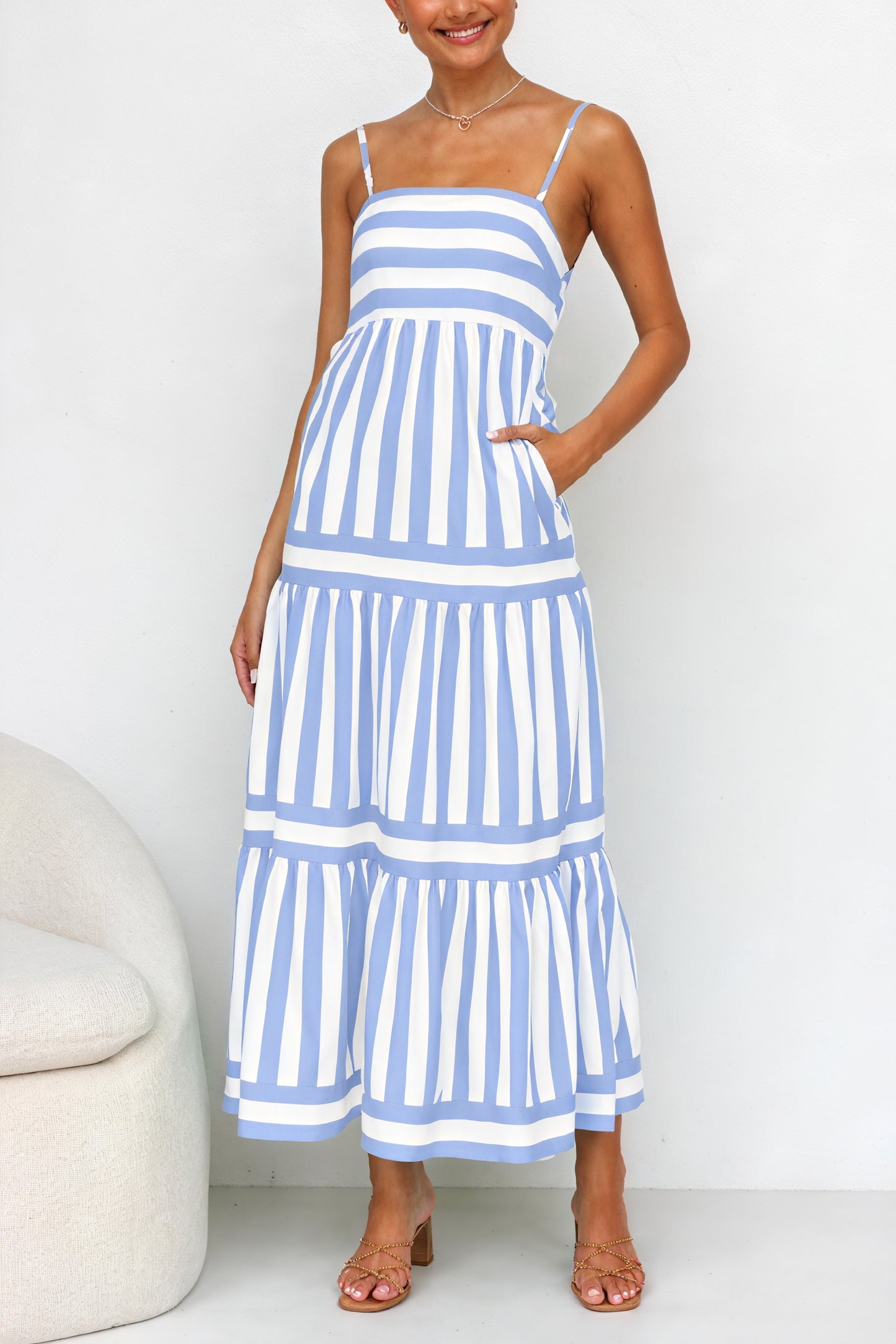 Striped Maxi Dress - Spaghetti Straps, Pockets