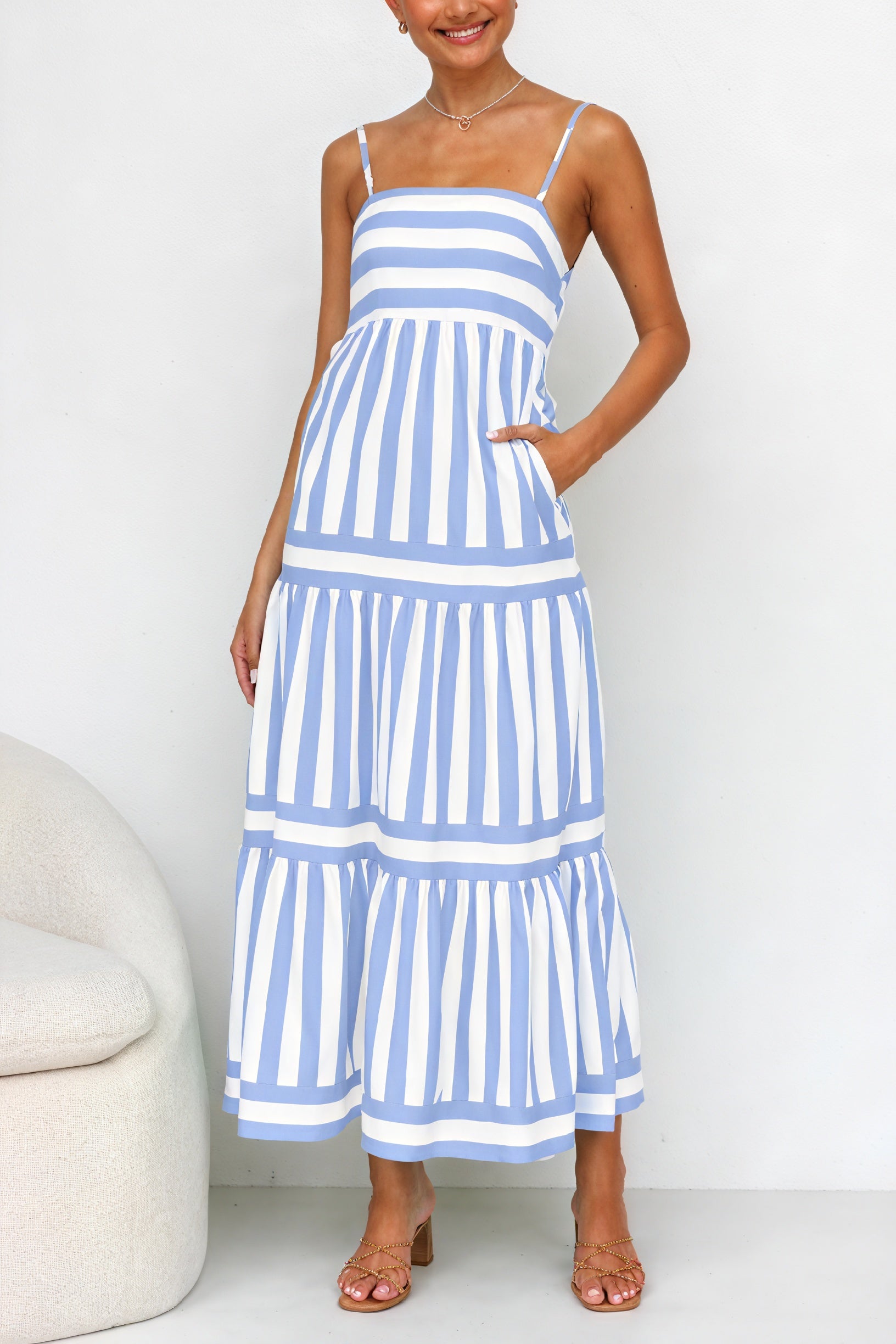 Striped Maxi Dress - Spaghetti Straps, Pockets