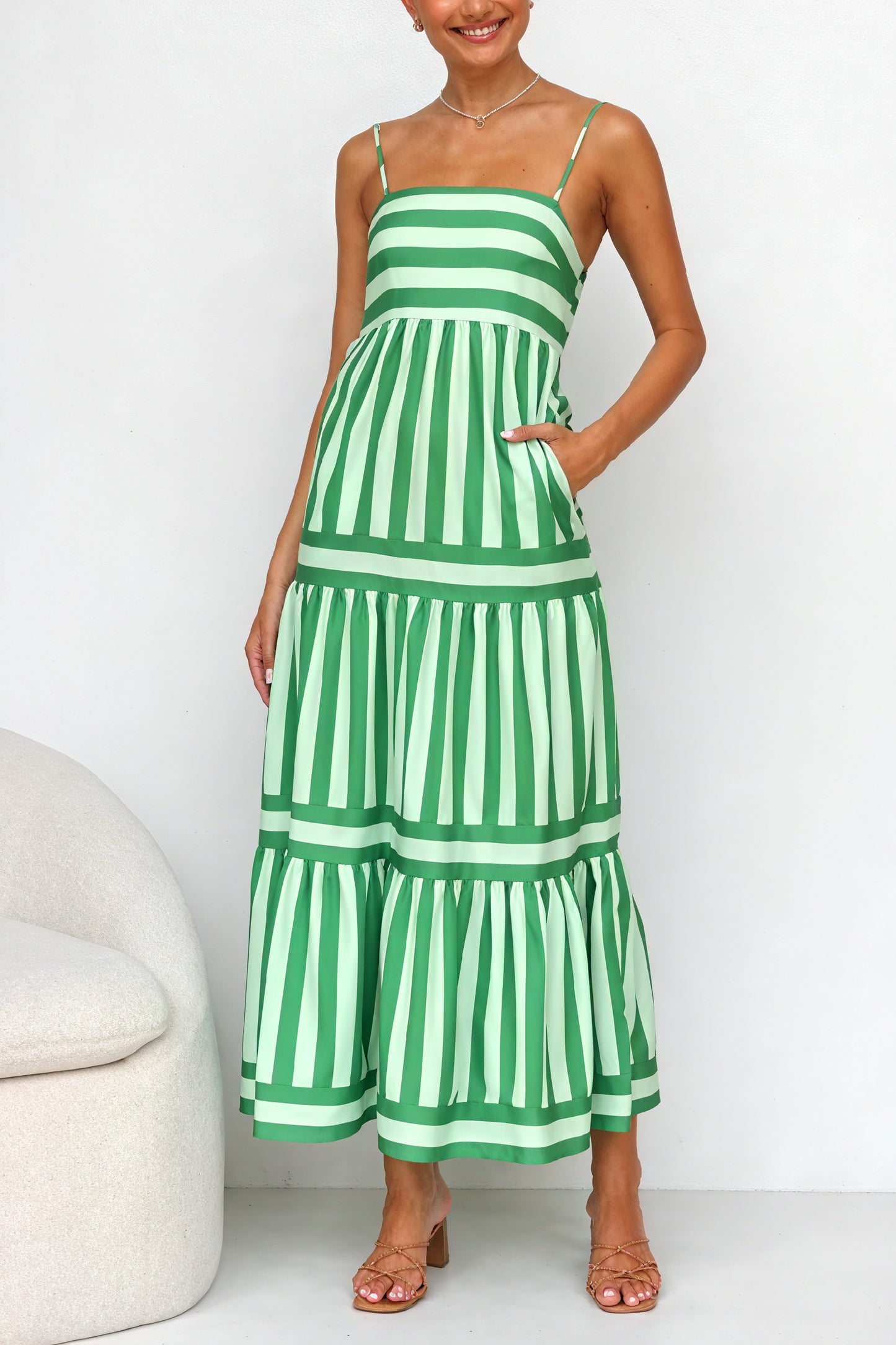 Striped Maxi Dress - Spaghetti Straps, Pockets
