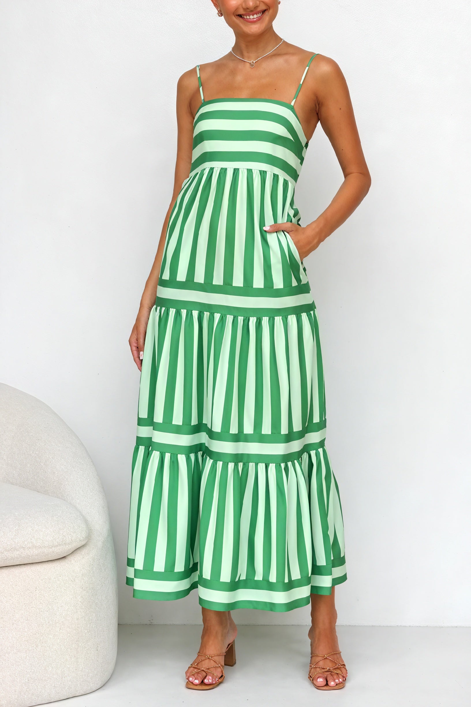 Striped Maxi Dress - Spaghetti Straps, Pockets