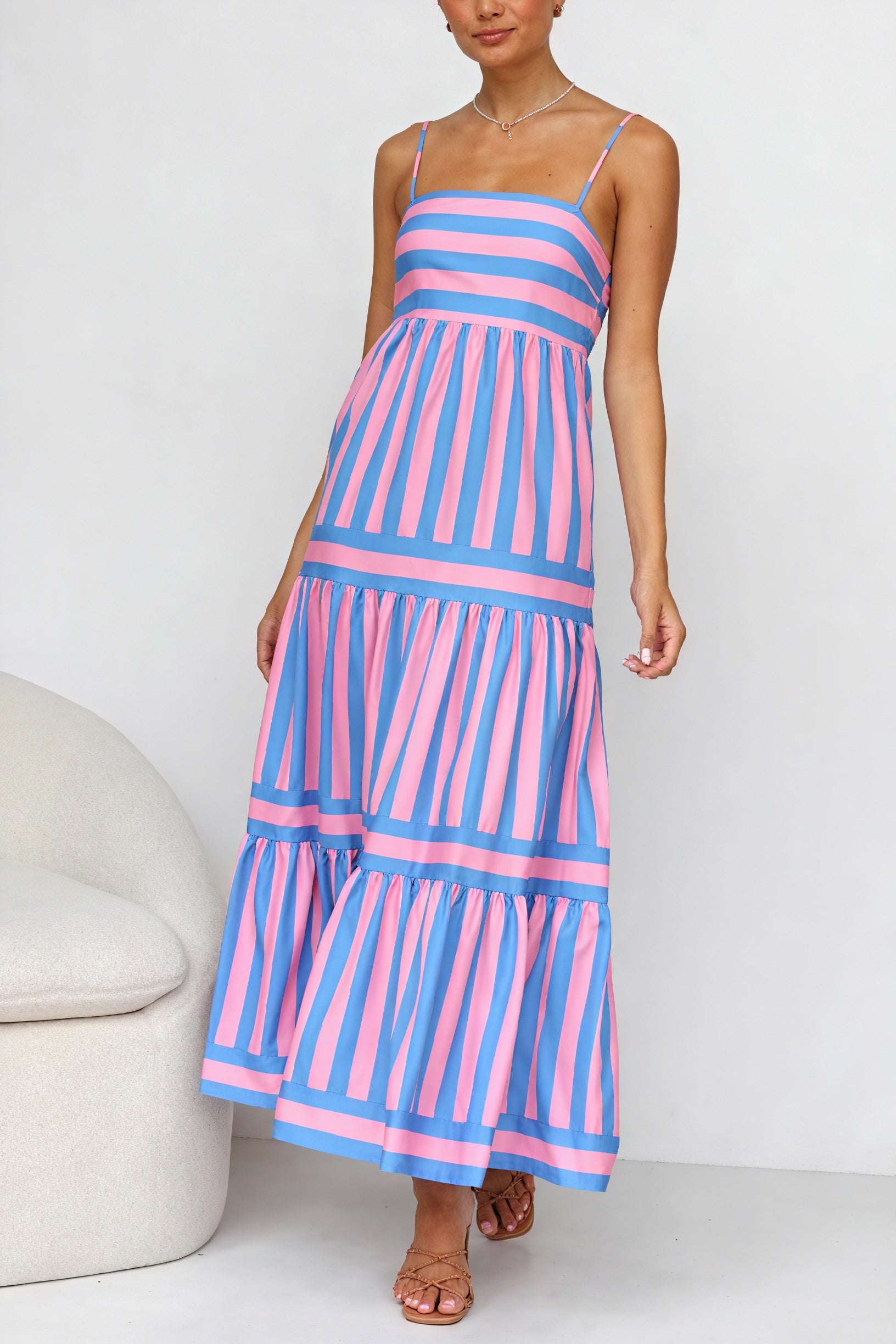 Striped Maxi Dress - Spaghetti Straps, Pockets