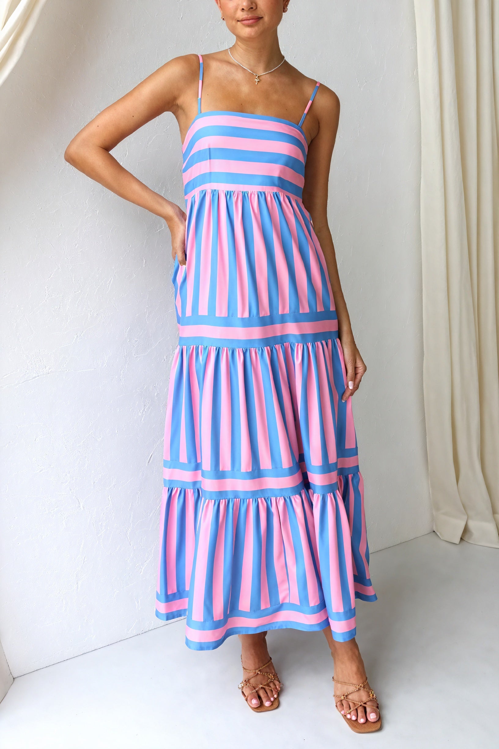 Striped Maxi Dress - Spaghetti Straps, Pockets