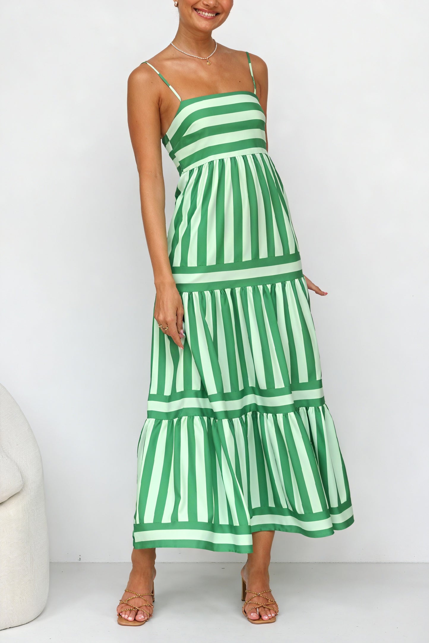 Striped Maxi Dress - Spaghetti Straps, Pockets