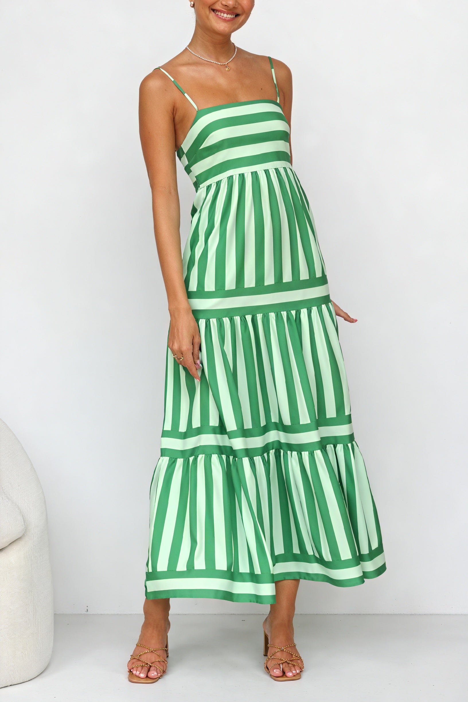 Striped Maxi Dress - Spaghetti Straps, Pockets