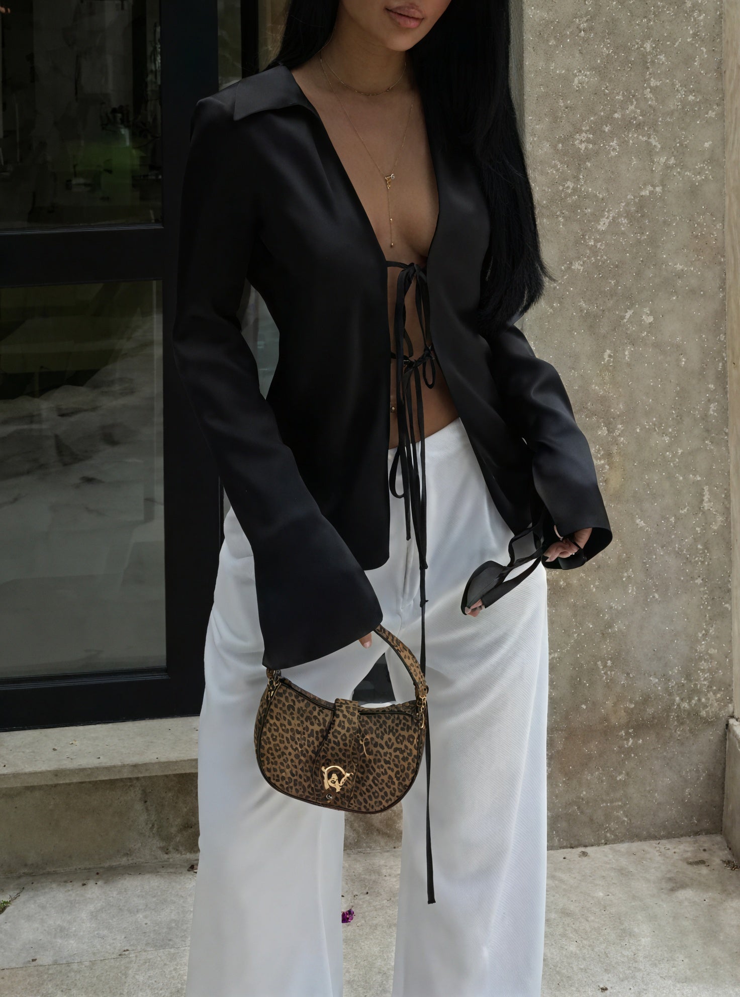 Tie-Front V-Neck Blouse with Long Sleeves