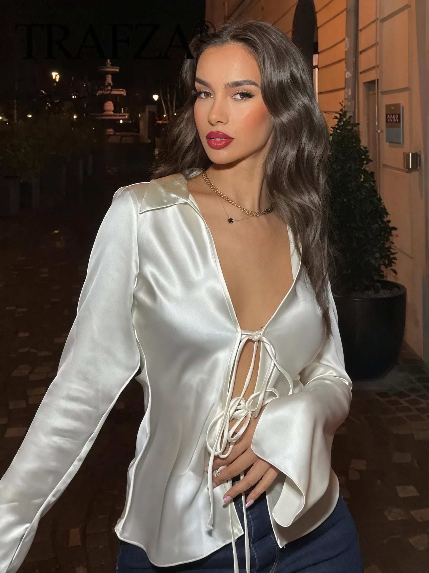 Tie-Front V-Neck Blouse with Long Sleeves