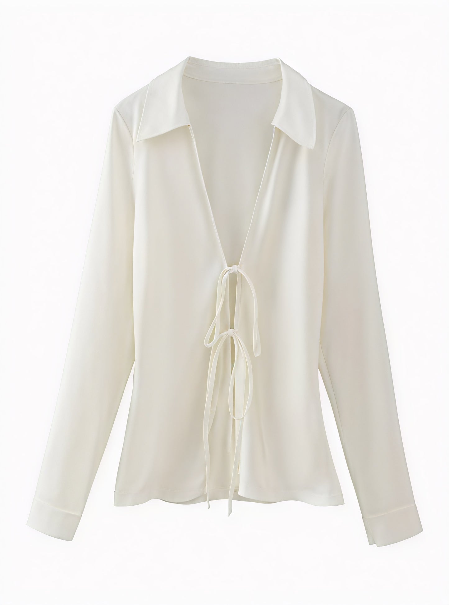 Tie-Front V-Neck Blouse with Long Sleeves