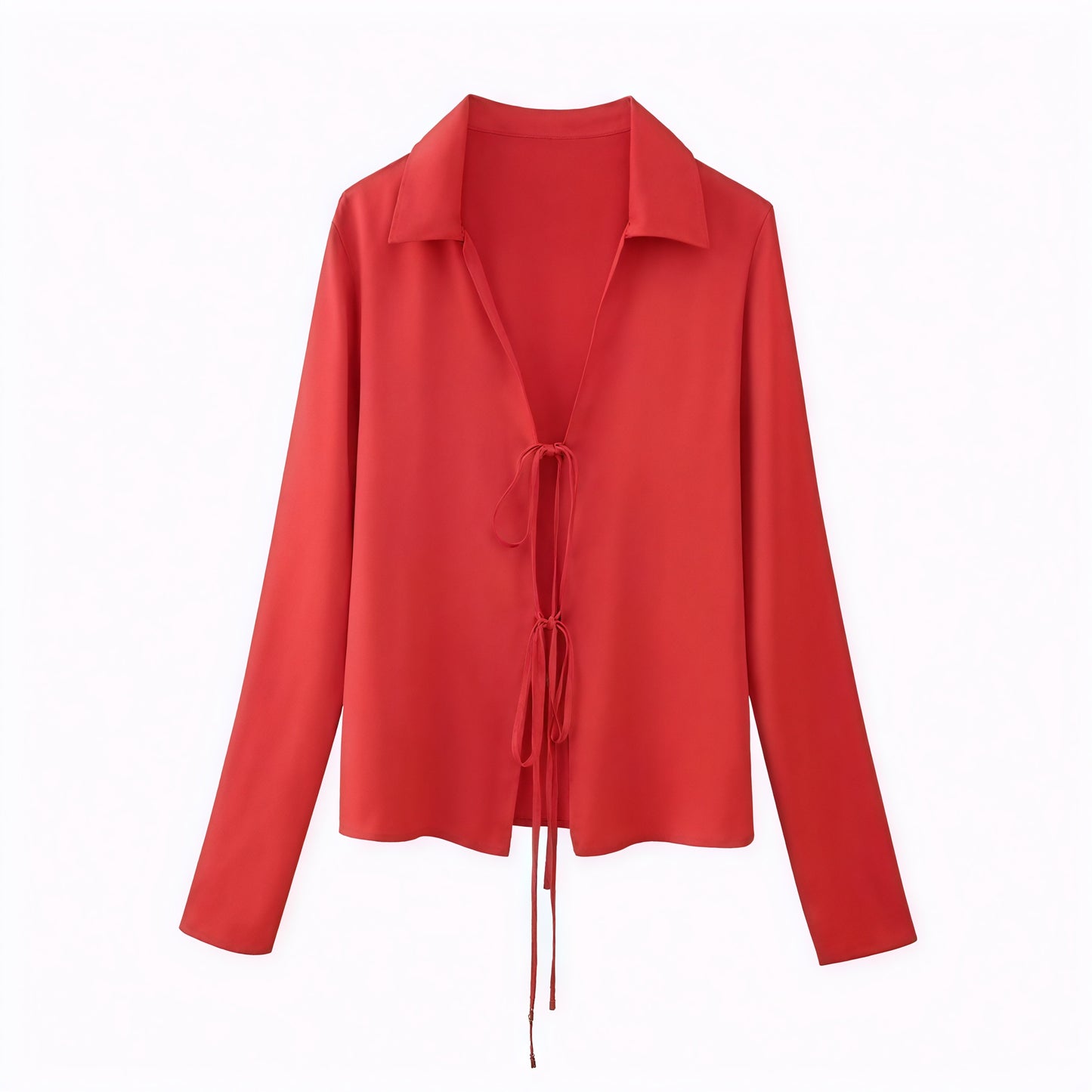 Tie-Front V-Neck Blouse with Long Sleeves