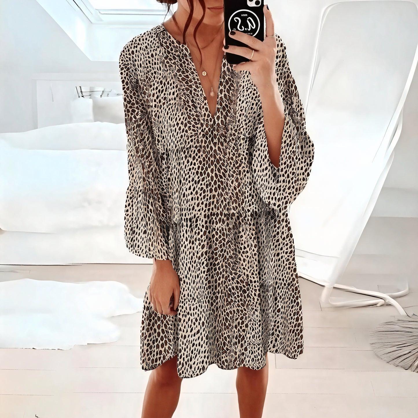 Women's V-Neck Long Sleeve Mini Dress - Flowy Animal Print Chic for Day to Night-81612-e27c4f24-9134-45fd-984c-3f7f853326b8