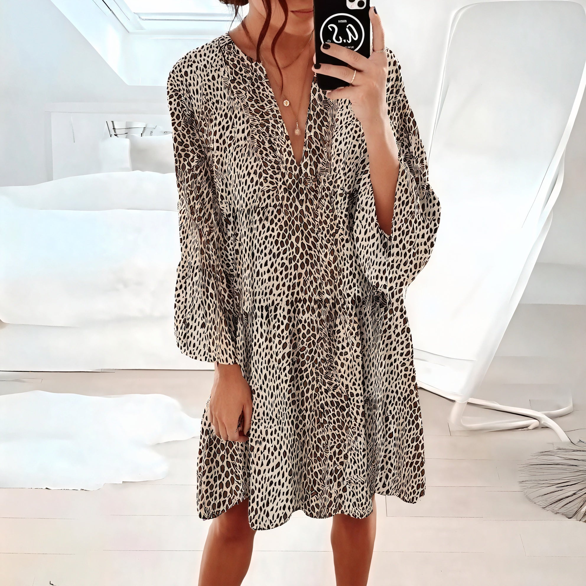 Women's V-Neck Long Sleeve Mini Dress - Flowy Animal Print Chic for Day to Night-81612-e27c4f24-9134-45fd-984c-3f7f853326b8