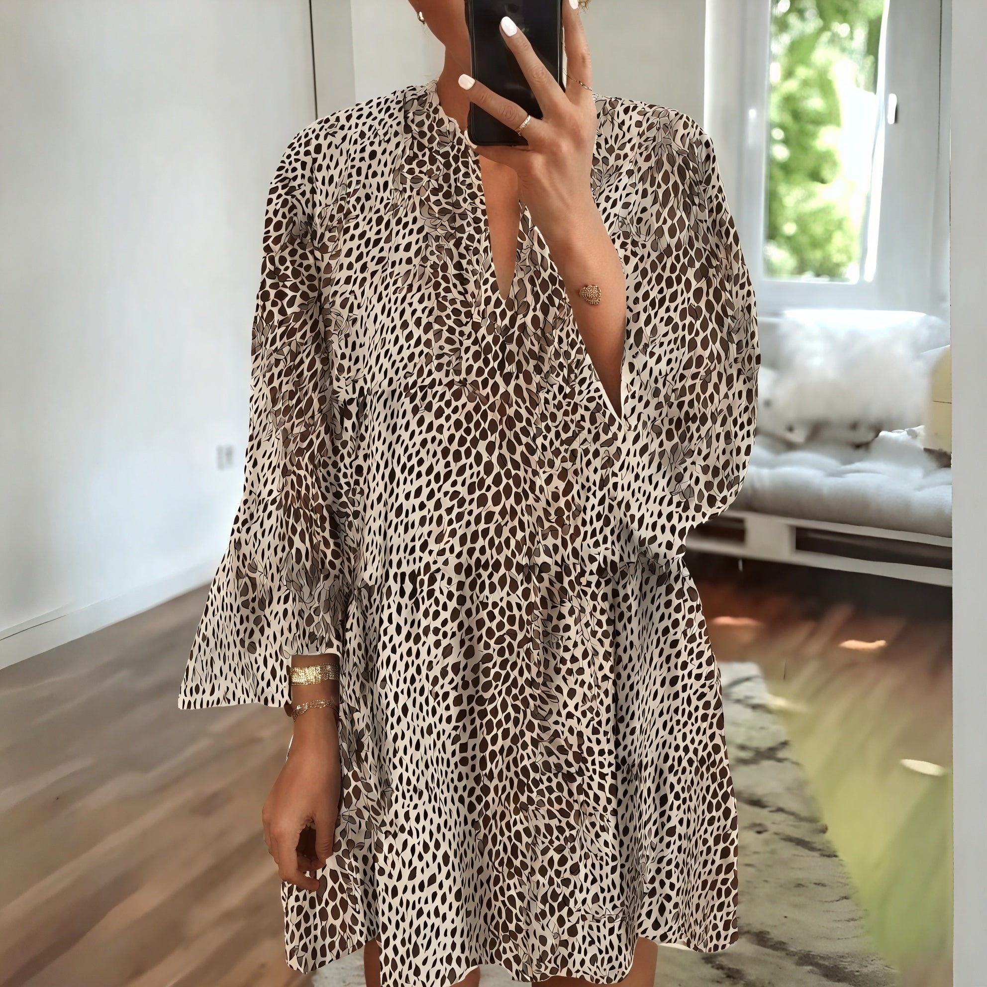 Women's V-Neck Long Sleeve Mini Dress - Flowy Animal Print Chic for Day to Night-81612-b8e5072d-97b4-4951-af71-c120187e6513