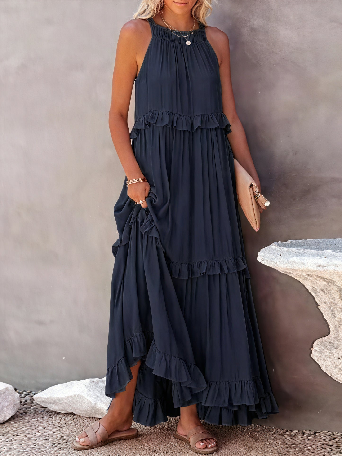 Maxi Dress Halter Neck Ruffled Detailing Flowy Lightweight Design Versatile Summer-81649-50b6d16e-b470-4e22-b137-0c7cd2009739