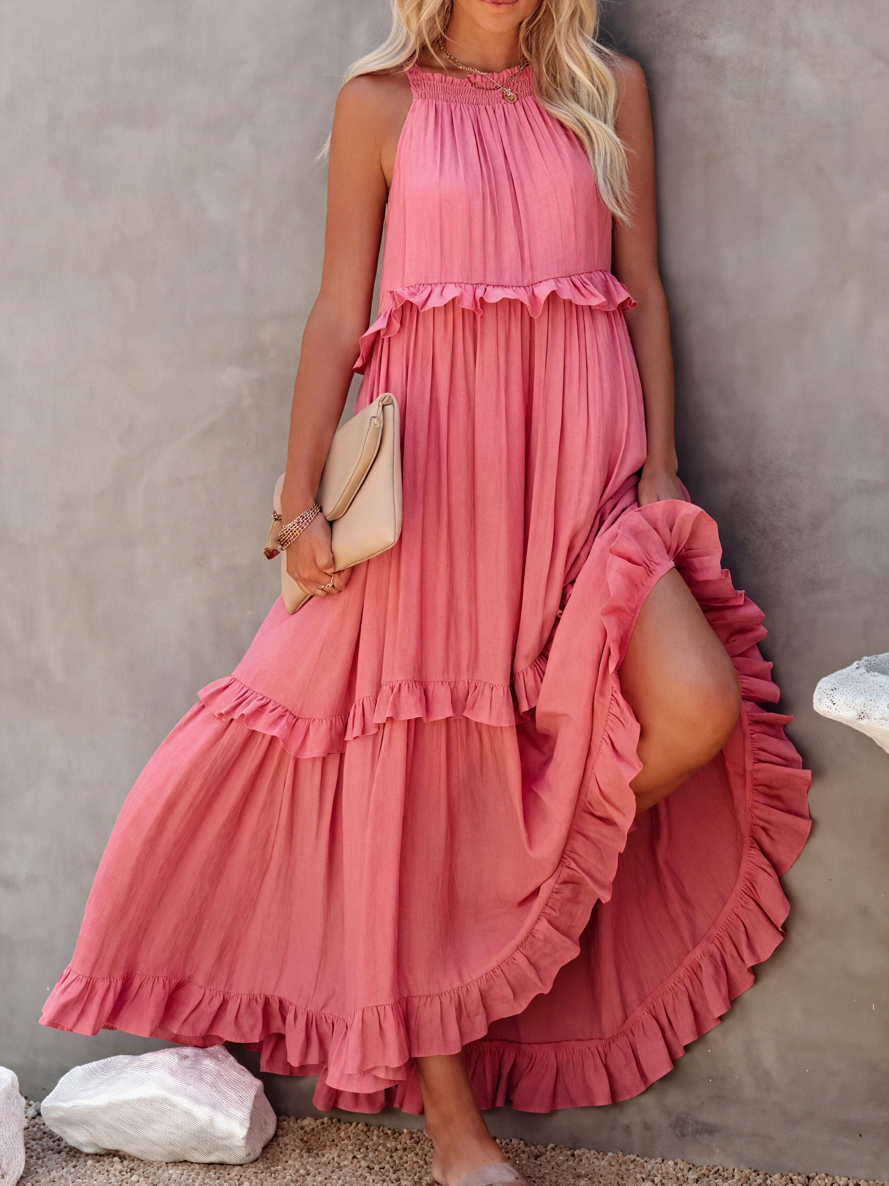 Maxi Dress Halter Neck Ruffled Detailing Flowy Lightweight Design Versatile Summer-81649-66b9f915-408a-44bc-a563-dc7b06f5469e