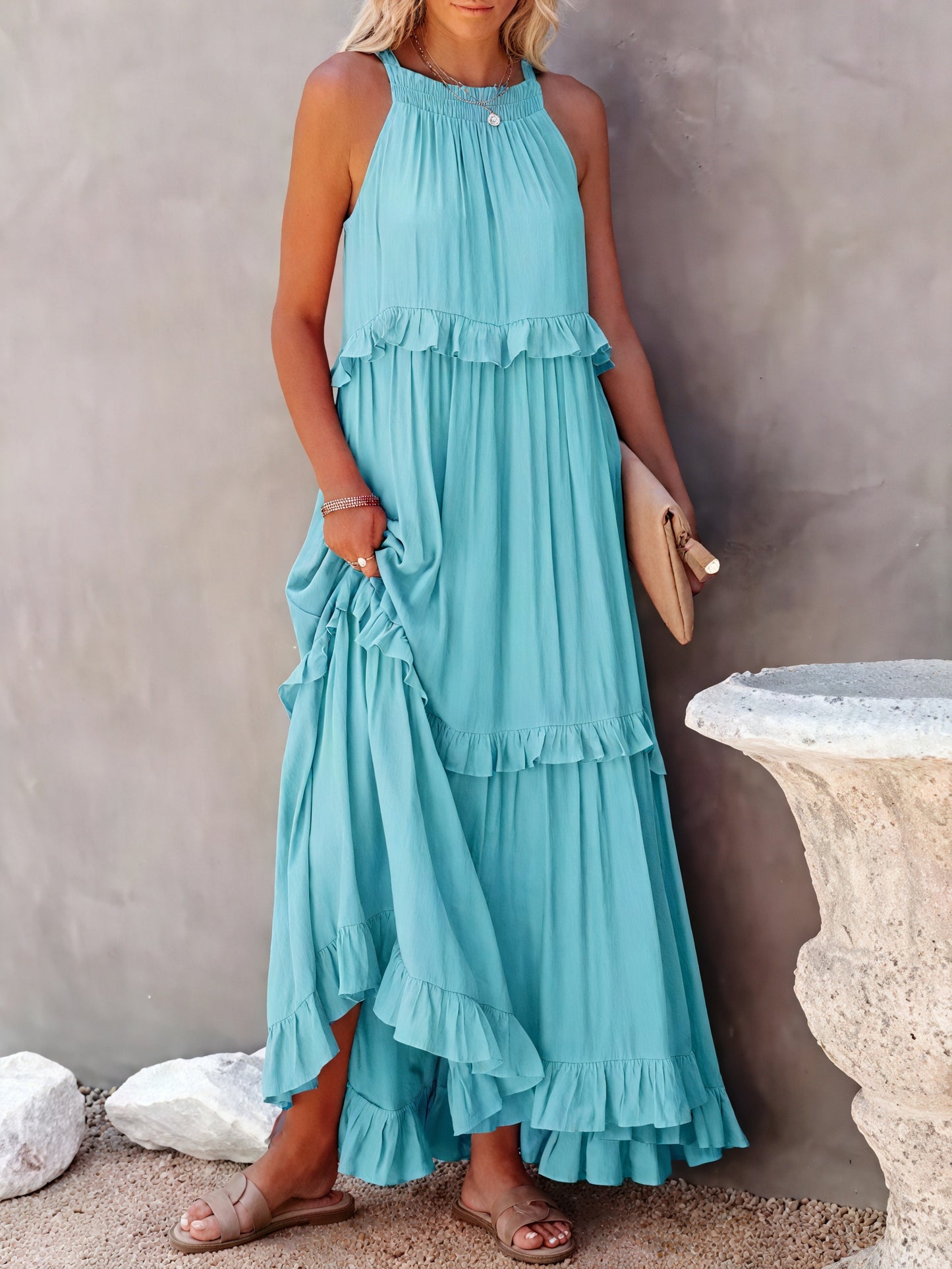 Maxi Dress Halter Neck Ruffled Detailing Flowy Lightweight Design Versatile Summer-81649-bd97371b-223f-4581-81df-40737e23d899