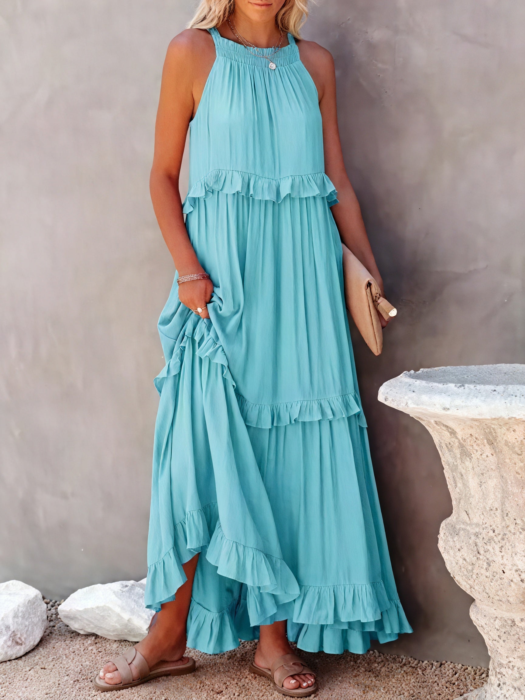Maxi Dress Halter Neck Ruffled Detailing Flowy Lightweight Design Versatile Summer-81649-bd97371b-223f-4581-81df-40737e23d899
