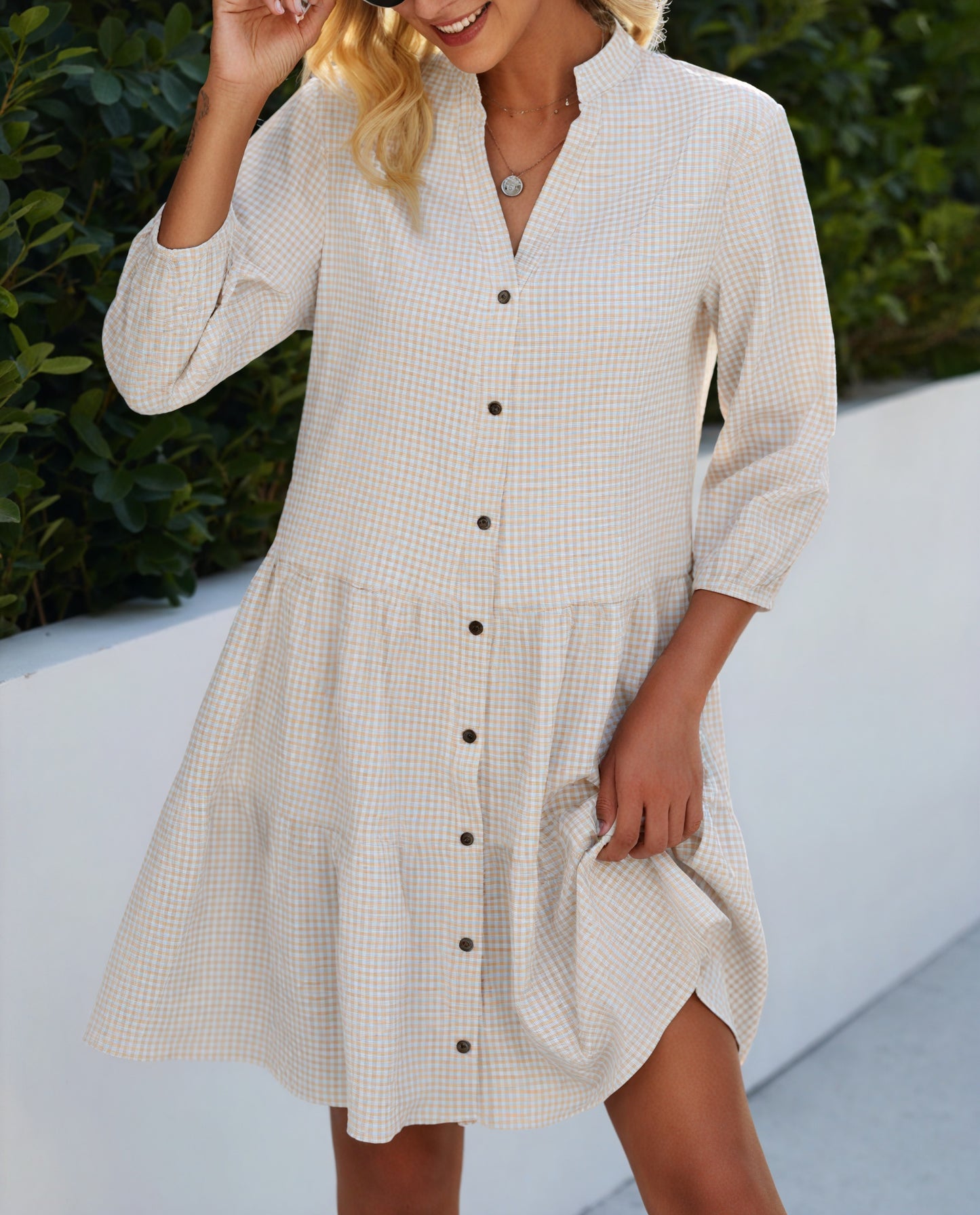 Gingham Tiered Midi Dress with Button-Front & Three-Quarter Sleeves - Versatile Casual Style-81722-661f4233-016d-4188-b976-0fc095d3d97b