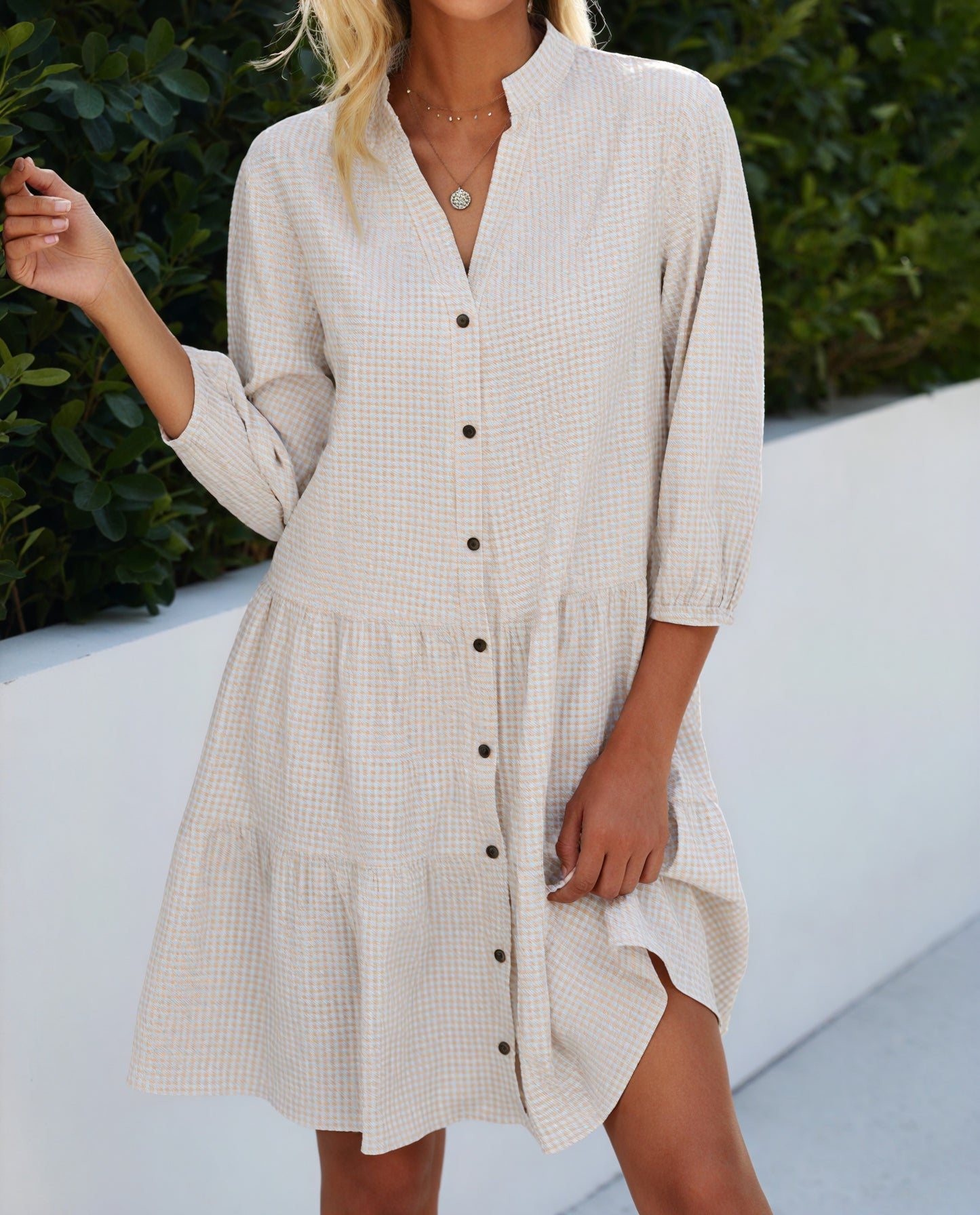 Gingham Tiered Midi Dress with Button-Front & Three-Quarter Sleeves - Versatile Casual Style-81722-88180188-645b-4a4a-9b4b-e15e03d65945