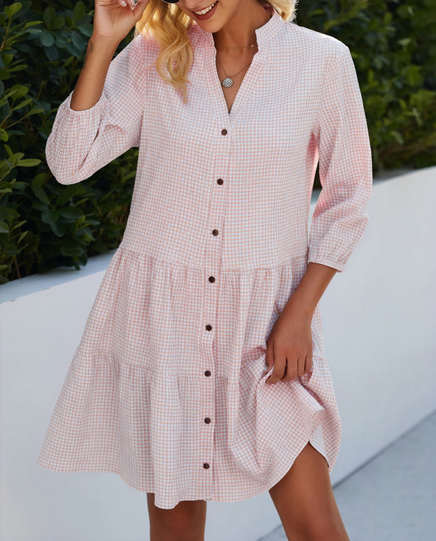 Gingham Tiered Midi Dress with Button-Front & Three-Quarter Sleeves - Versatile Casual Style-81722-d338c8e3-5ae4-496a-a079-c7b198efa29f