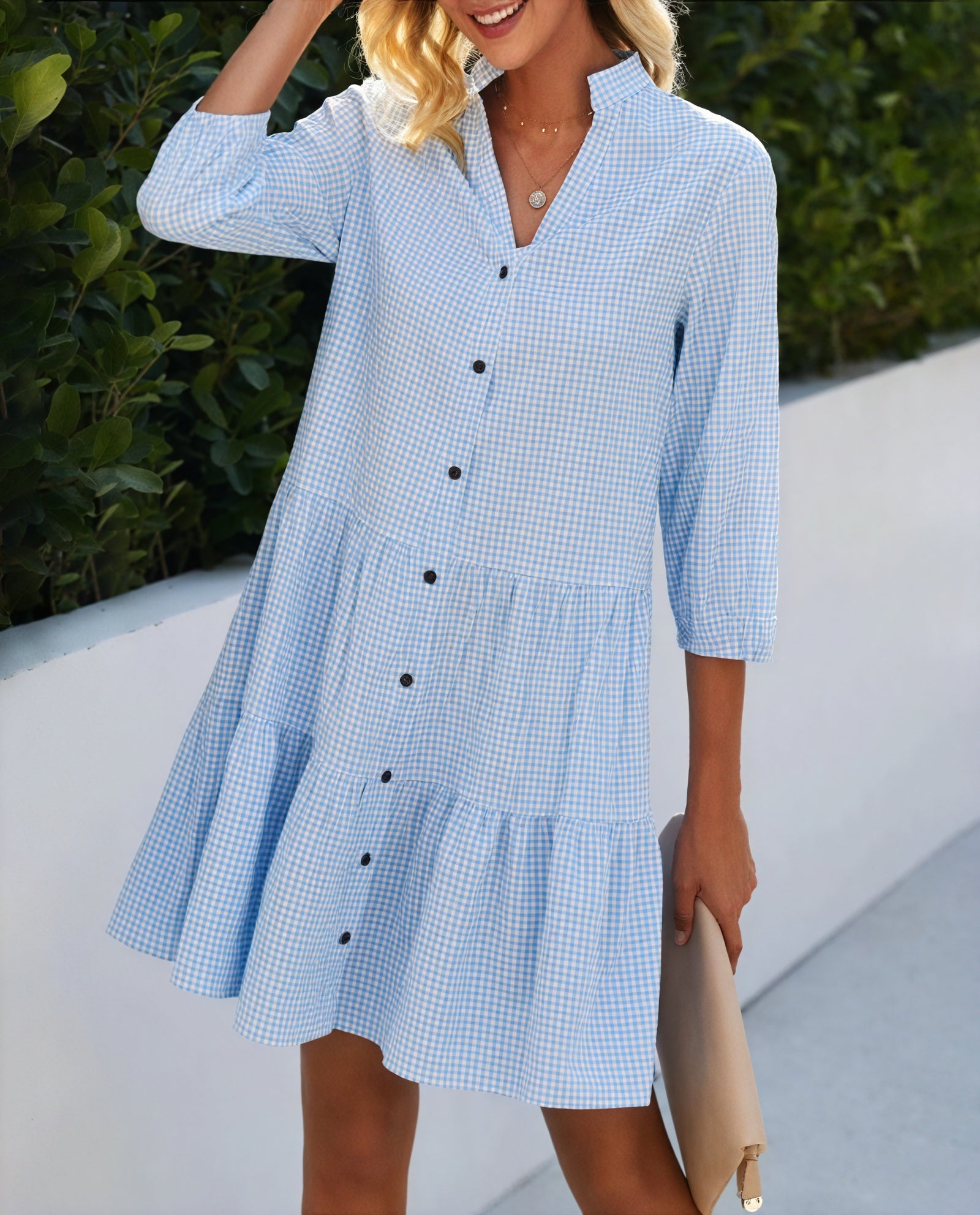 Gingham Tiered Midi Dress with Button-Front & Three-Quarter Sleeves - Versatile Casual Style-81722-65524a53-a13a-40a8-b85b-263e1953edd2