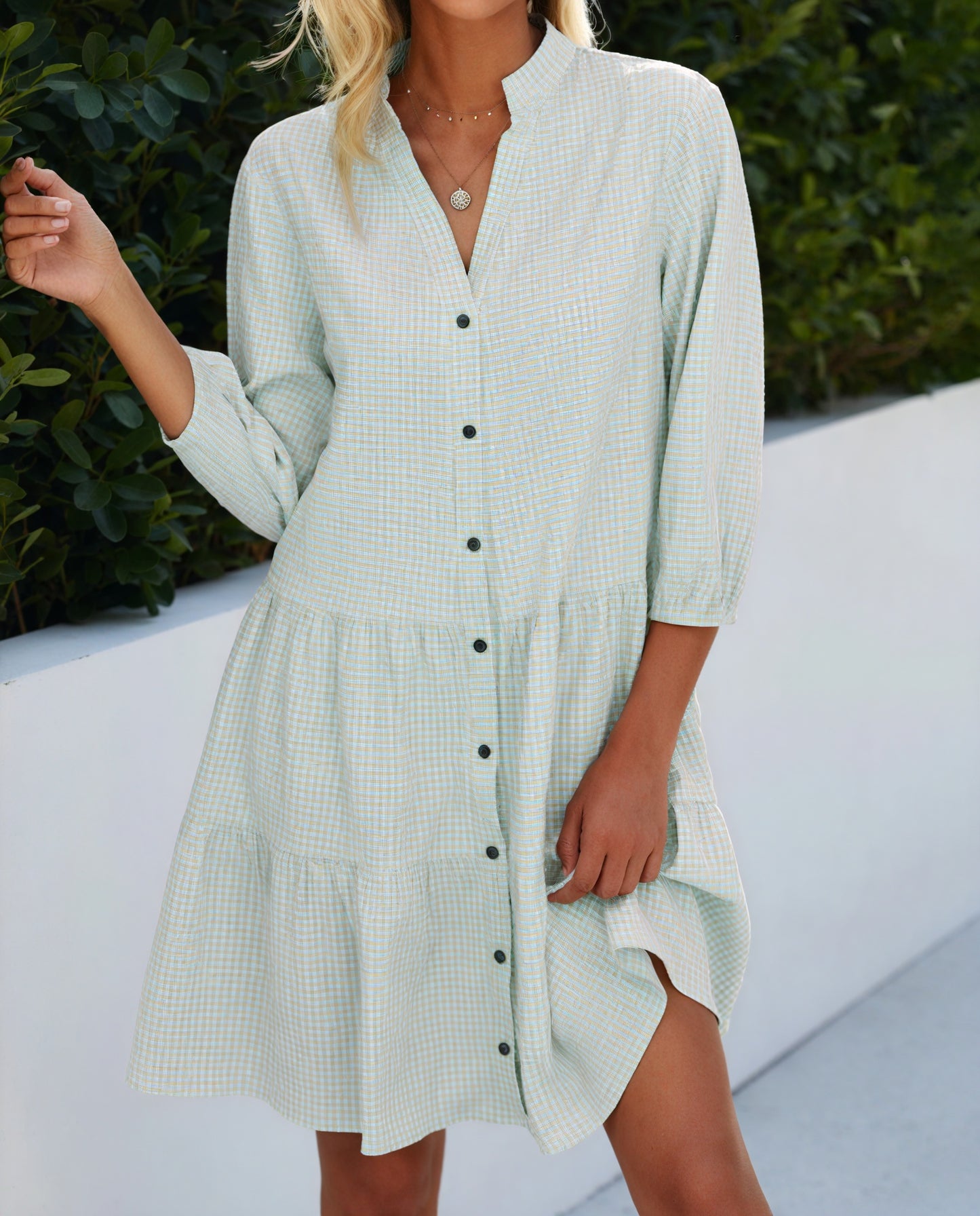 Gingham Tiered Midi Dress with Button-Front & Three-Quarter Sleeves - Versatile Casual Style-81722-c6b69fdd-d066-40ac-92f2-43ad8d7b4323
