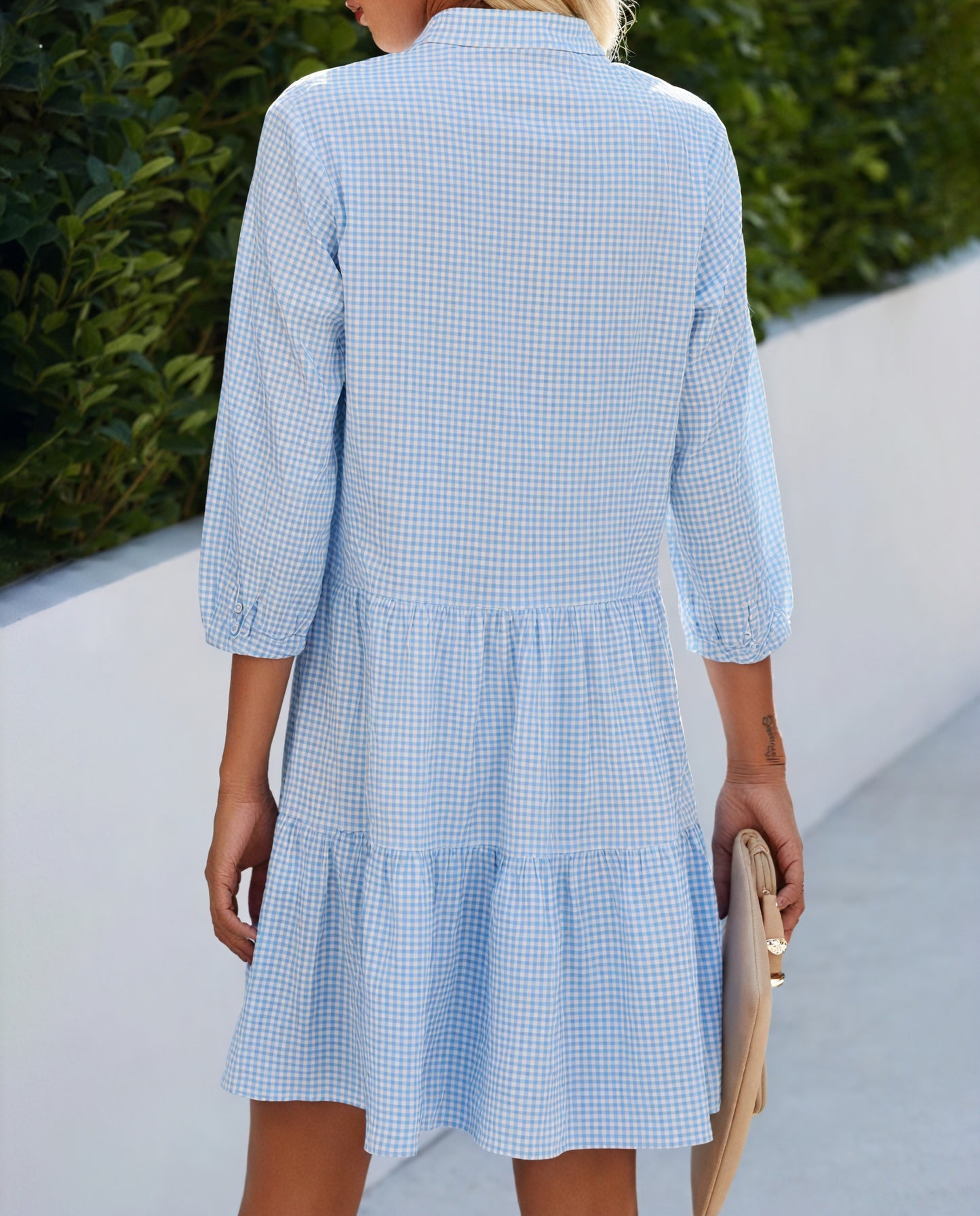 Gingham Tiered Midi Dress with Button-Front & Three-Quarter Sleeves - Versatile Casual Style-81722-08b65a98-2e90-415c-9d1f-2c0306aa6a2d