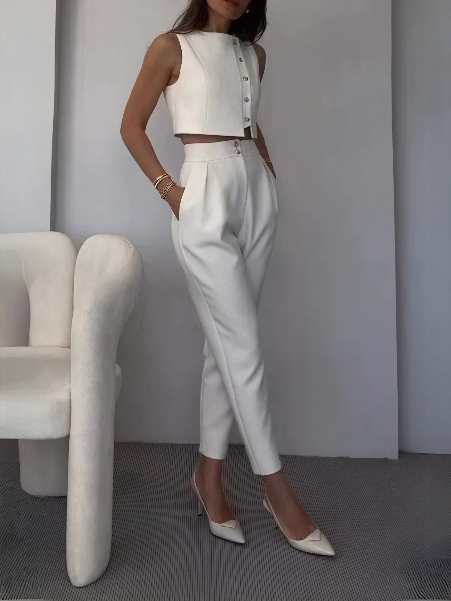 Modern Wide-Leg Suit - Sleeveless Crop Top
